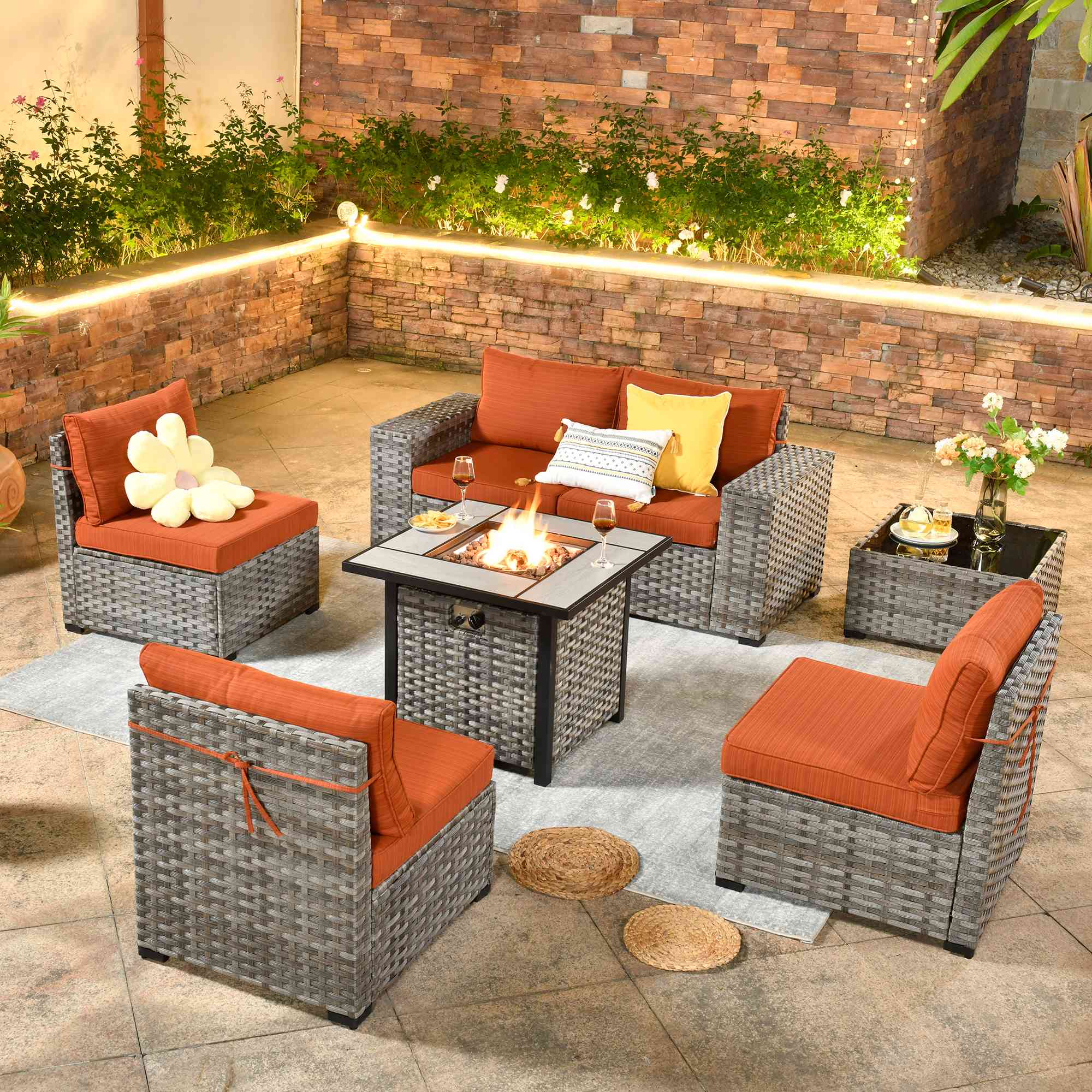 OVIOS 7 Pieces Patio Furniture Set with 7.68'' Broad Handrails and 30'' Fire Pit Table