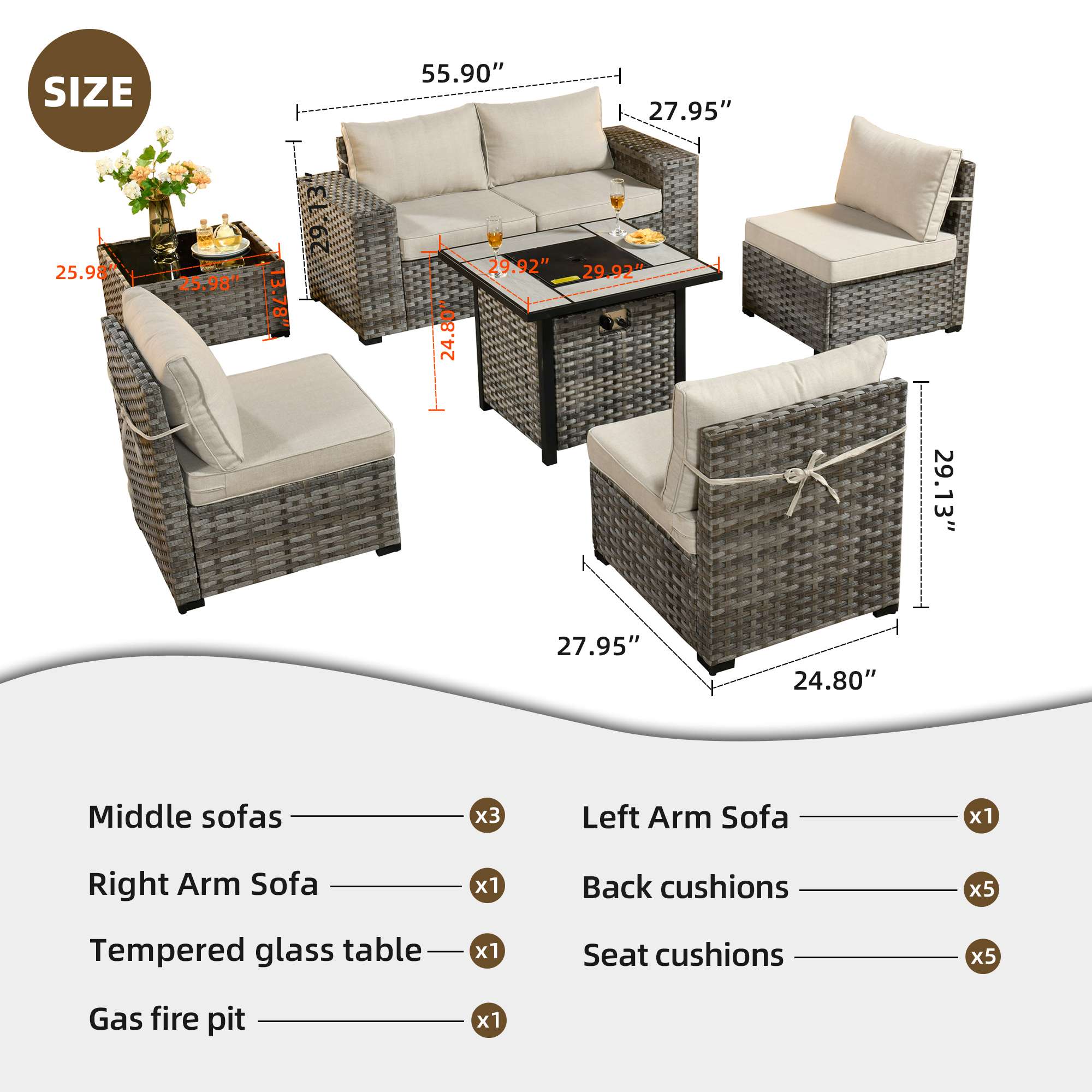 OVIOS 7 Pieces Patio Furniture Set with 7.68'' Broad Handrails and 30'' Fire Pit Table