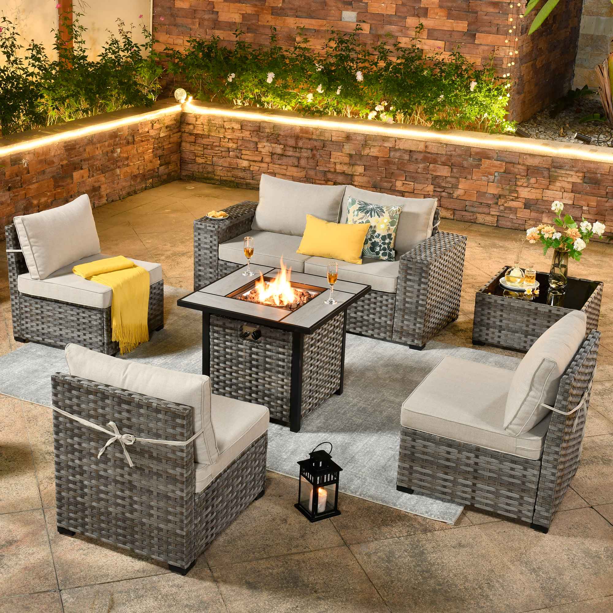OVIOS 7 Pieces Patio Furniture Set with 7.68'' Broad Handrails and 30'' Fire Pit Table