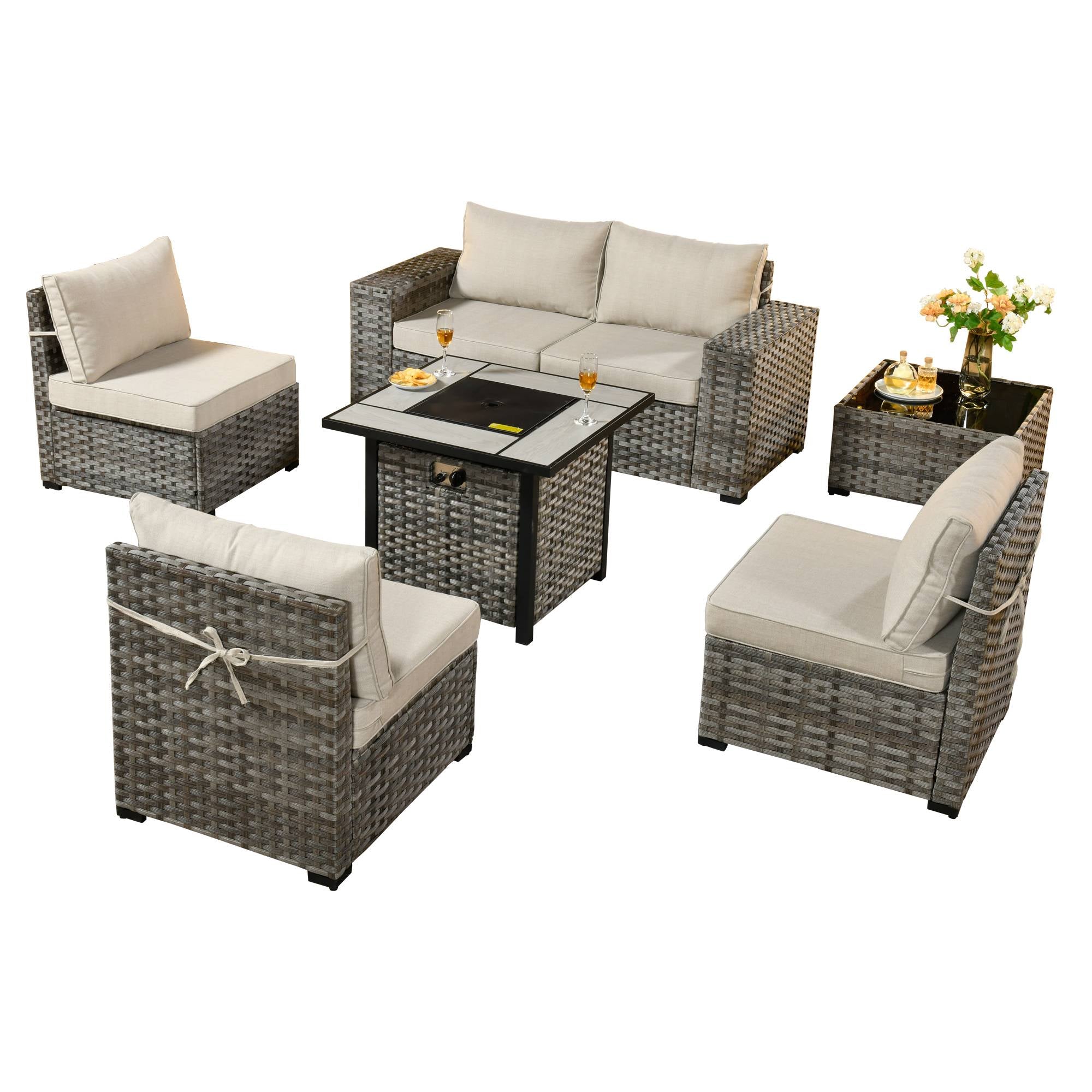 OVIOS 7 Pieces Patio Furniture Set with 7.68'' Broad Handrails and 30'' Fire Pit Table