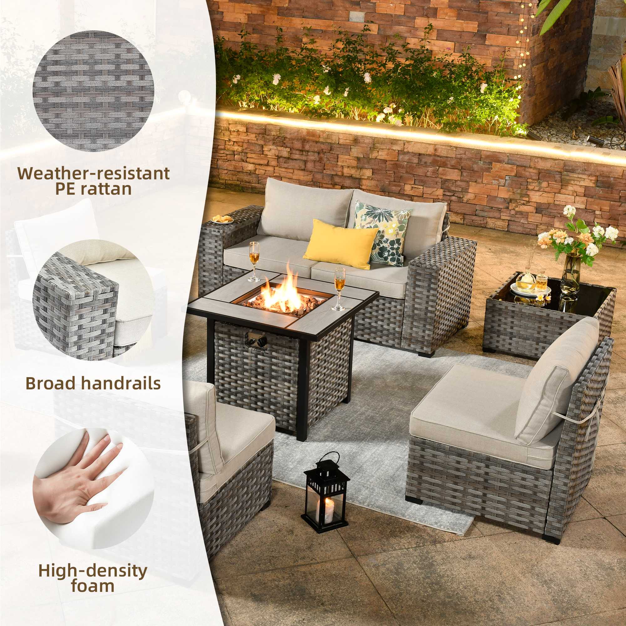 OVIOS 7 Pieces Patio Furniture Set with 7.68'' Broad Handrails and 30'' Fire Pit Table