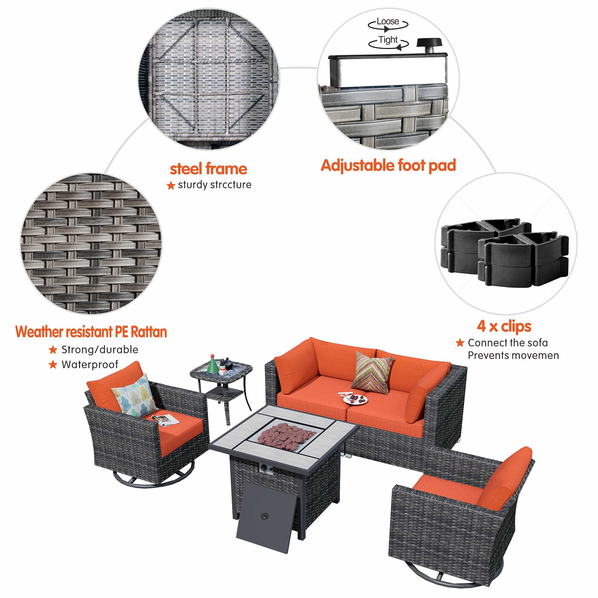 OVIOS Outdoor Sectional Furniture 6-Piece with Rocking Chair and 30'' Fire Pit Table