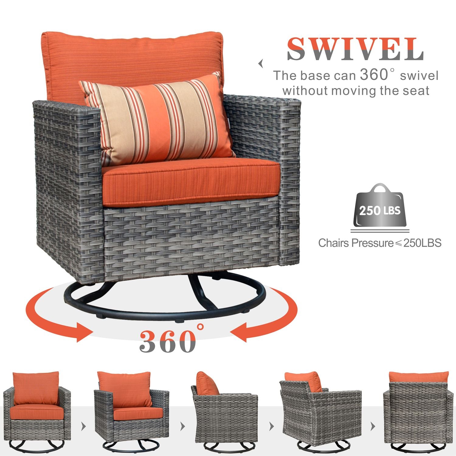 OVIOS Outdoor Sectional Furniture 6-Piece with Rocking Chair and 30'' Fire Pit Table