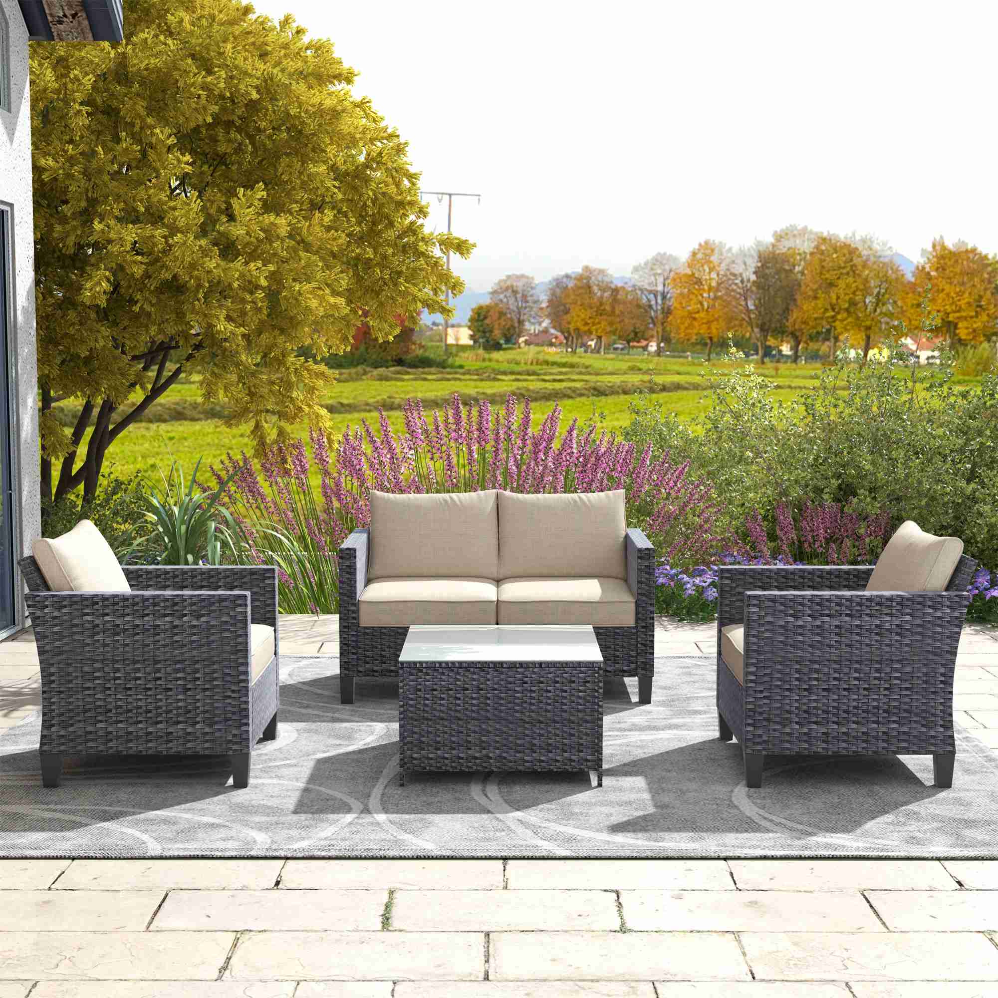 OVIOS Patio Furniture Set New Vultros 4 Piece High Back Sectional Sofa with Cushions