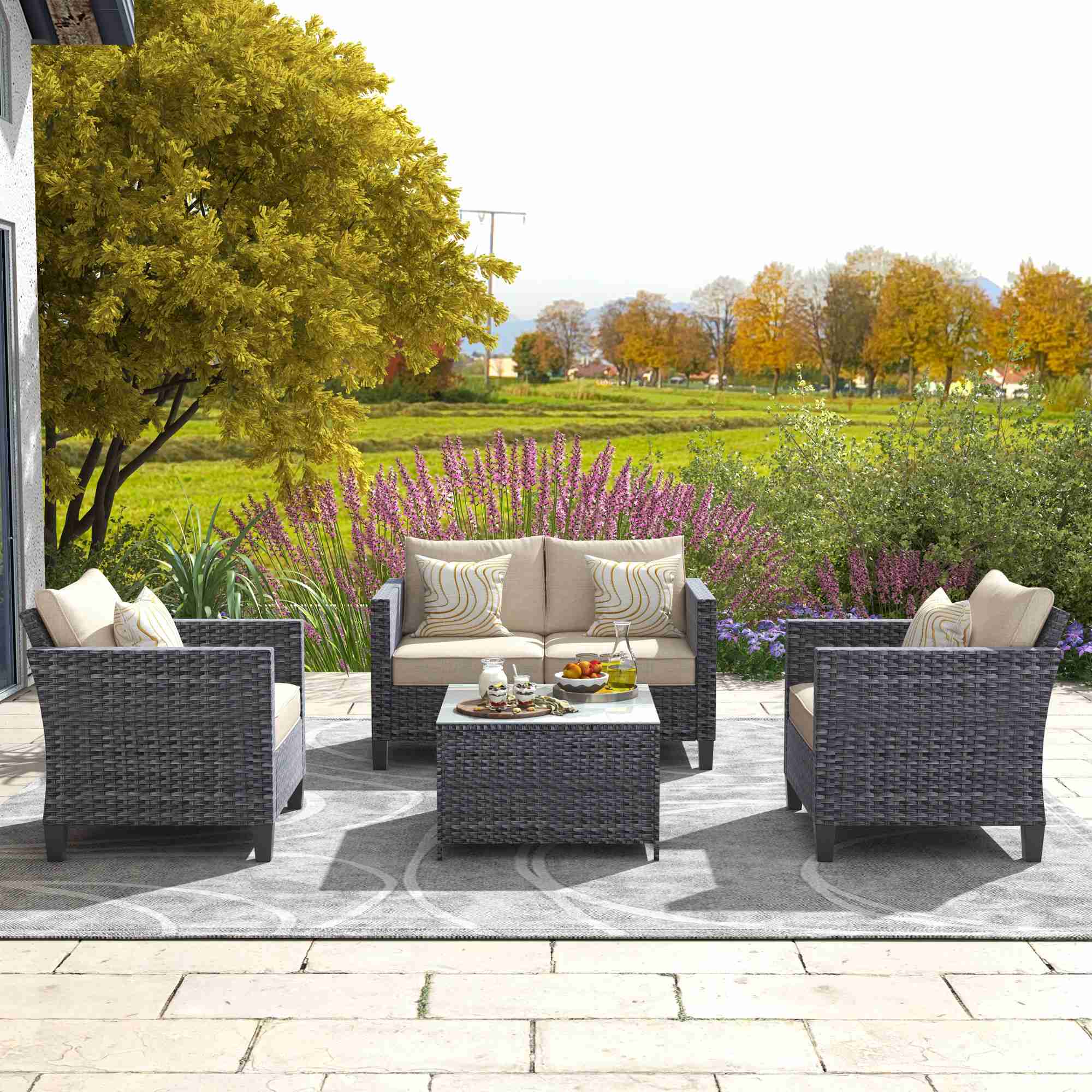 OVIOS Patio Furniture Set New Vultros 4 Piece High Back Sectional Sofa with Cushions