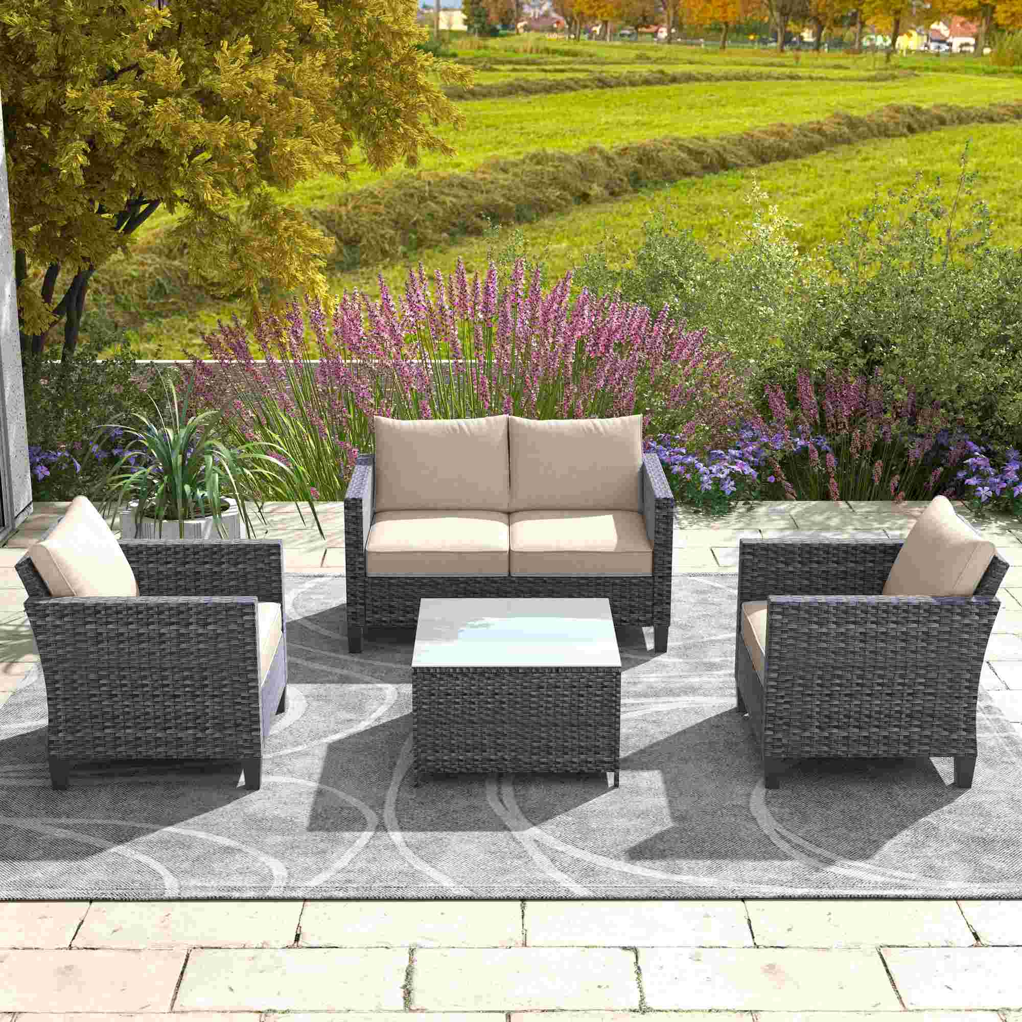 OVIOS Patio Furniture Set New Vultros 4 Piece High Back Sectional Sofa with Cushions