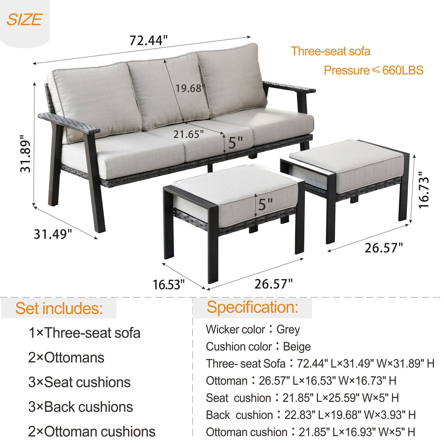 Ovios Bistro Set 3 Piece Couch with 2 Ottoman 5'' Cushion, Olefin Fabric