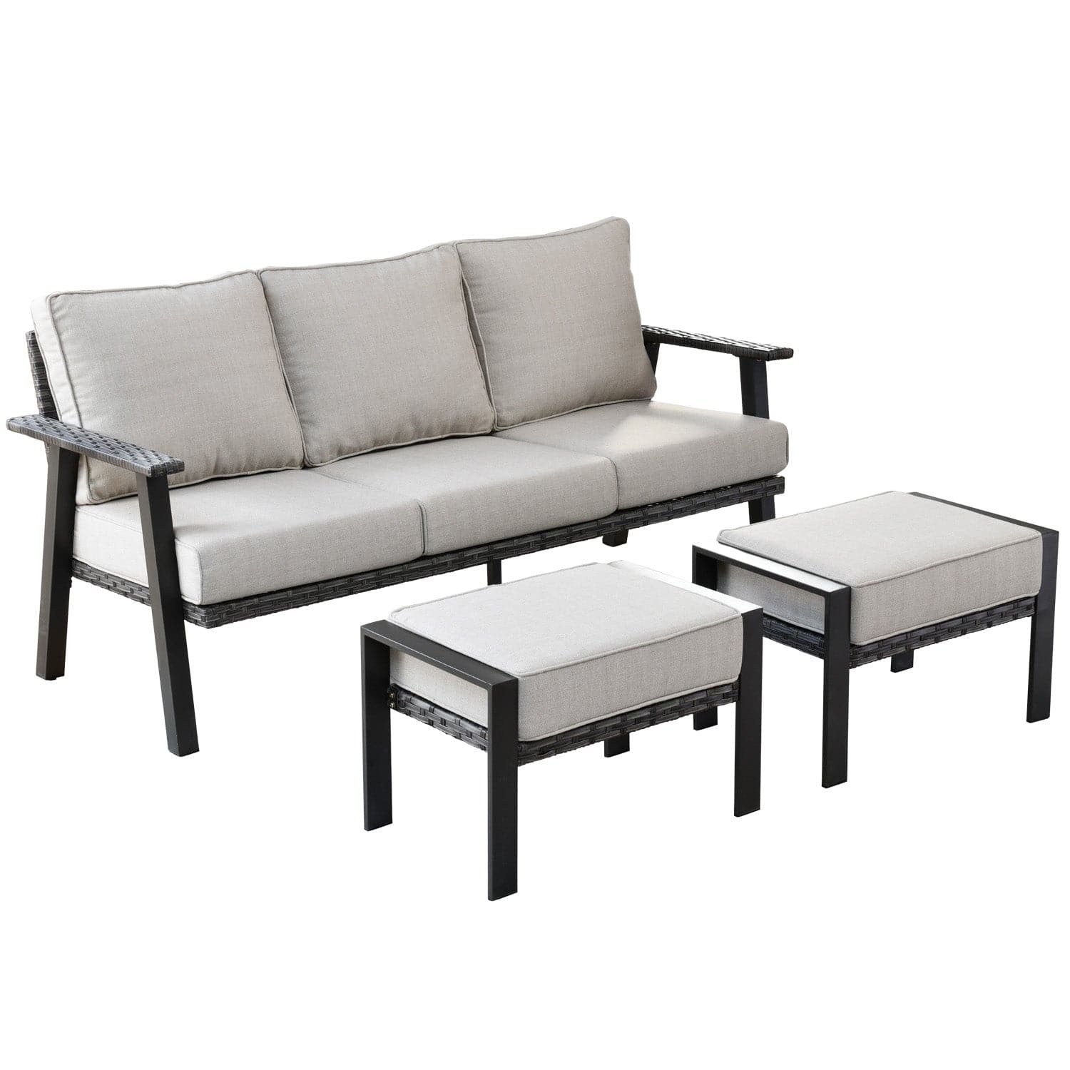 Ovios Bistro Set 3 Piece Couch with 2 Ottoman 5'' Cushion, Olefin Fabric