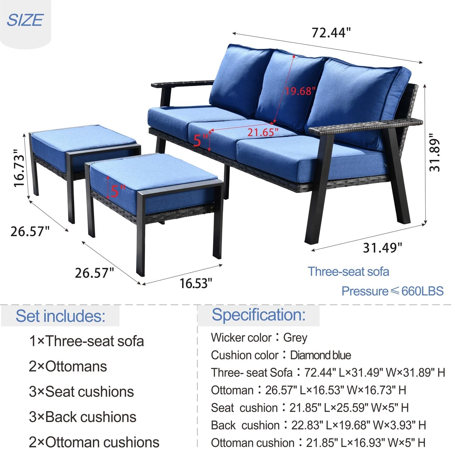Ovios Bistro Set 3 Piece Couch with 2 Ottoman 5'' Cushion, Olefin Fabric