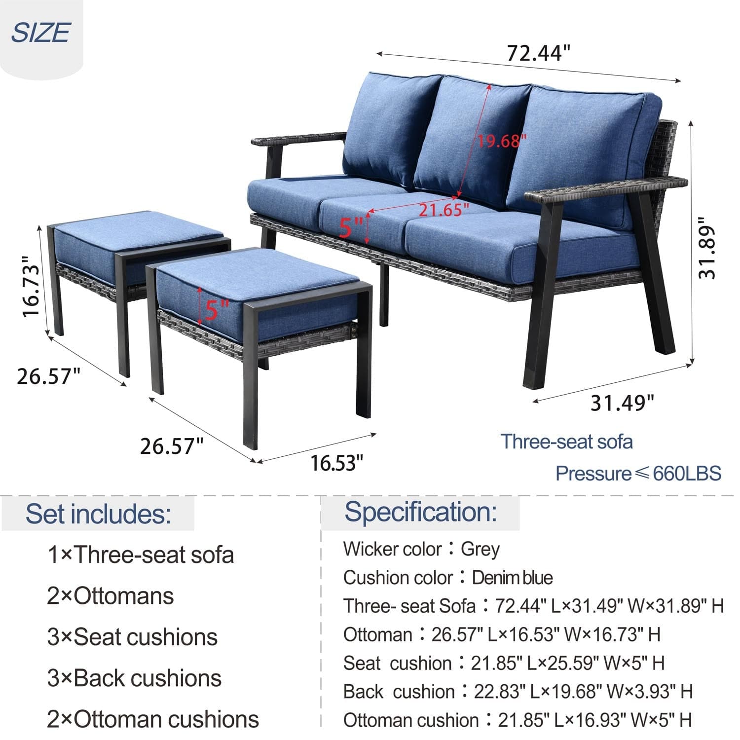 Ovios Bistro Set 3 Piece Couch with 2 Ottoman 5'' Cushion, Olefin Fabric