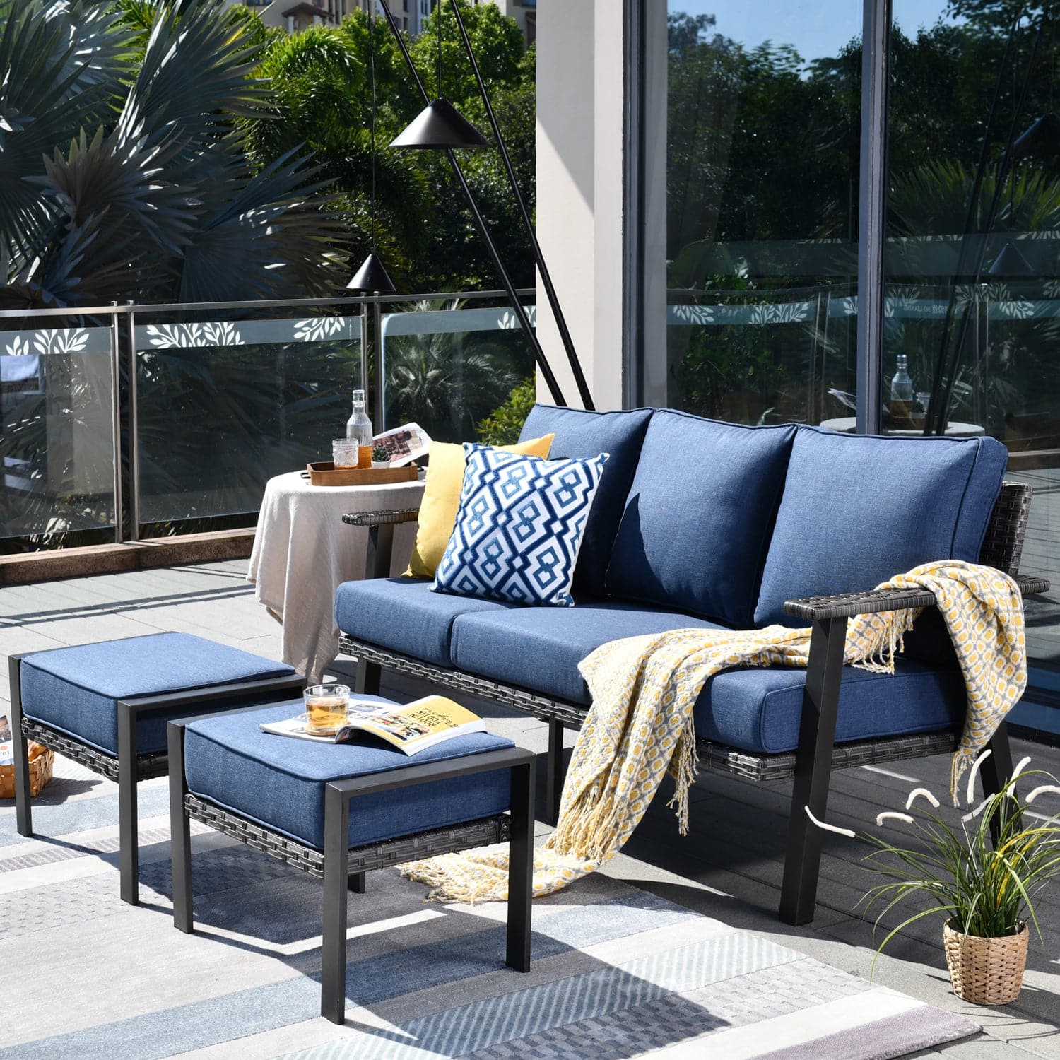 Ovios Bistro Set 3 Piece Couch with 2 Ottoman 5'' Cushion, Olefin Fabric