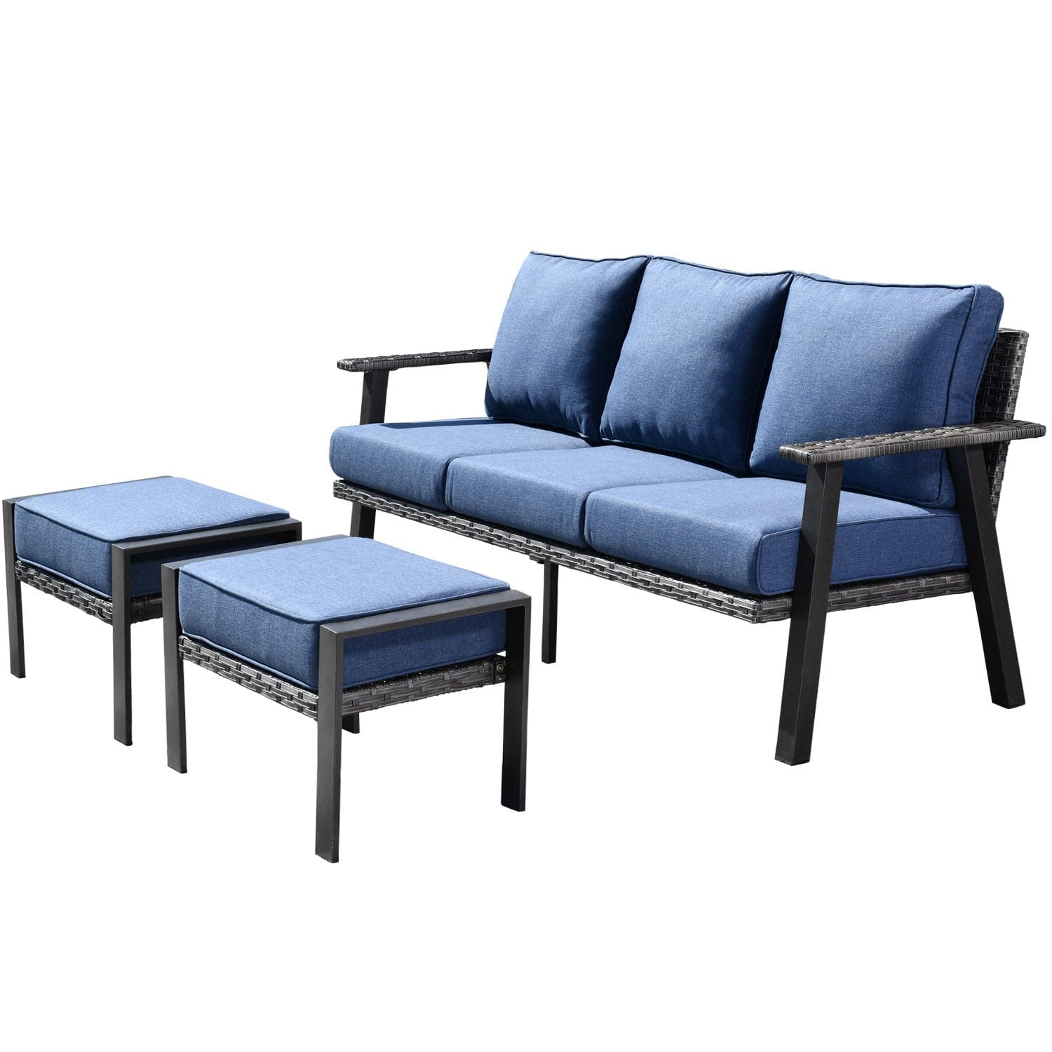 Ovios Bistro Set 3 Piece Couch with 2 Ottoman 5'' Cushion, Olefin Fabric