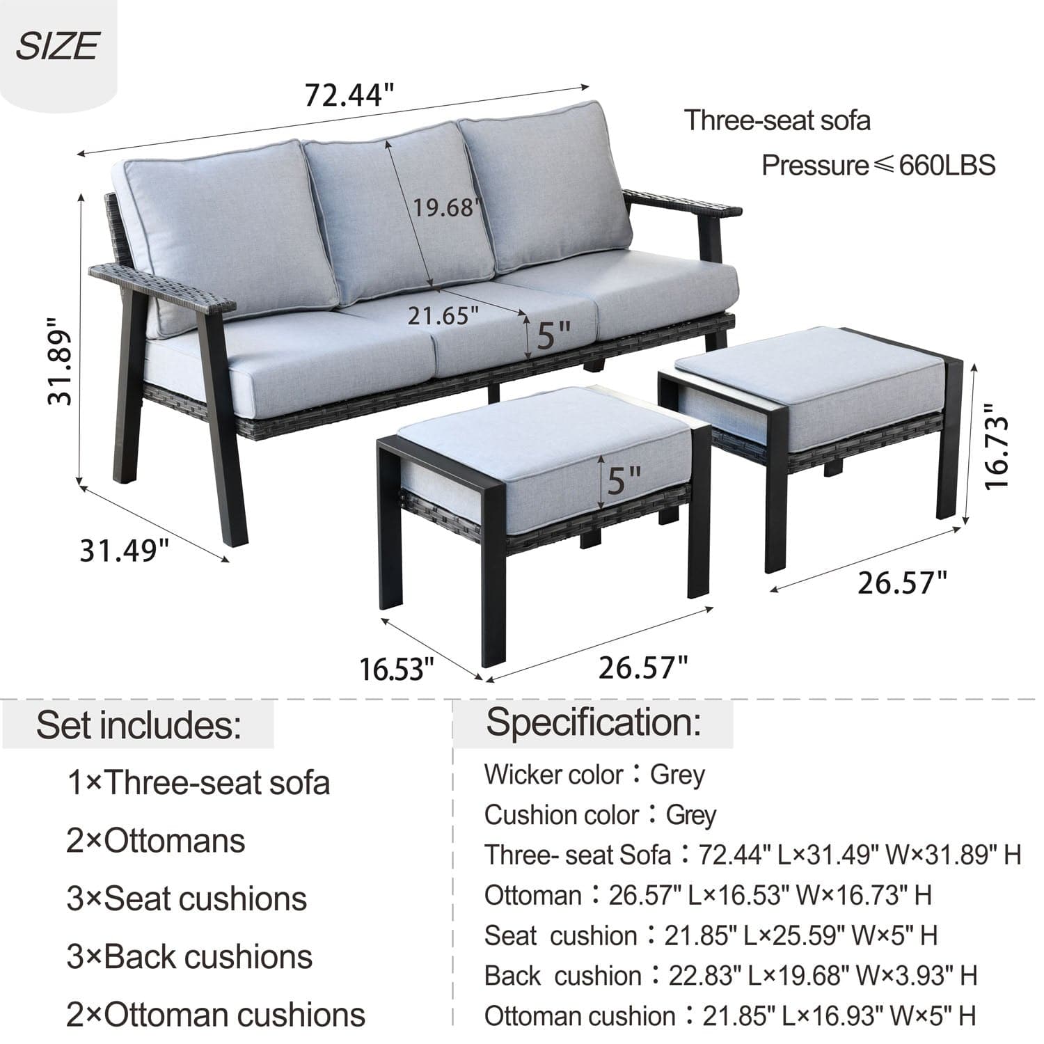 Ovios Bistro Set 3 Piece Couch with 2 Ottoman 5'' Cushion, Olefin Fabric