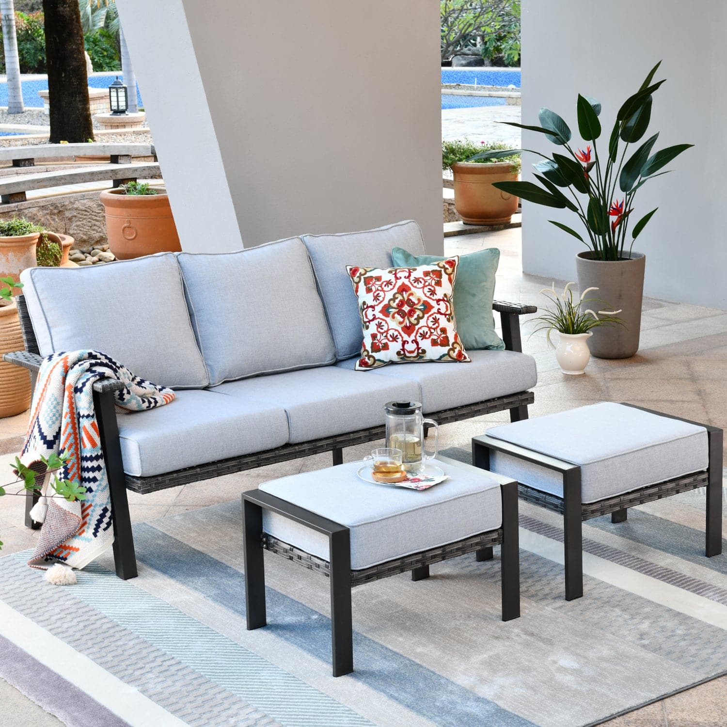 Ovios Bistro Set 3 Piece Couch with 2 Ottoman 5'' Cushion, Olefin Fabric