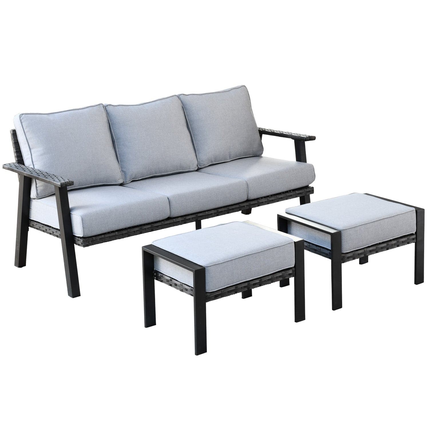 Ovios Bistro Set 3 Piece Couch with 2 Ottoman 5'' Cushion, Olefin Fabric
