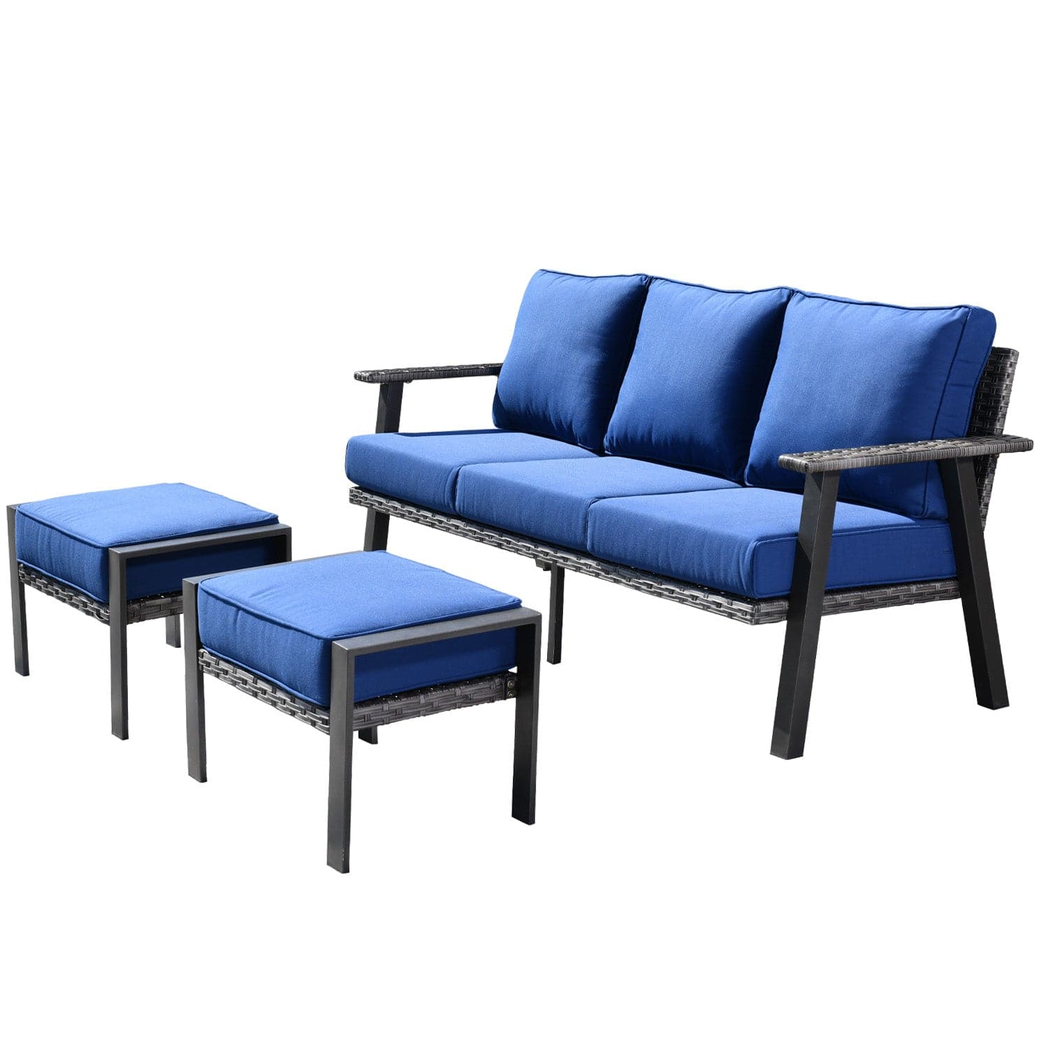 Ovios Bistro Set 3 Piece Couch with 2 Ottoman 5'' Cushion, Olefin Fabric