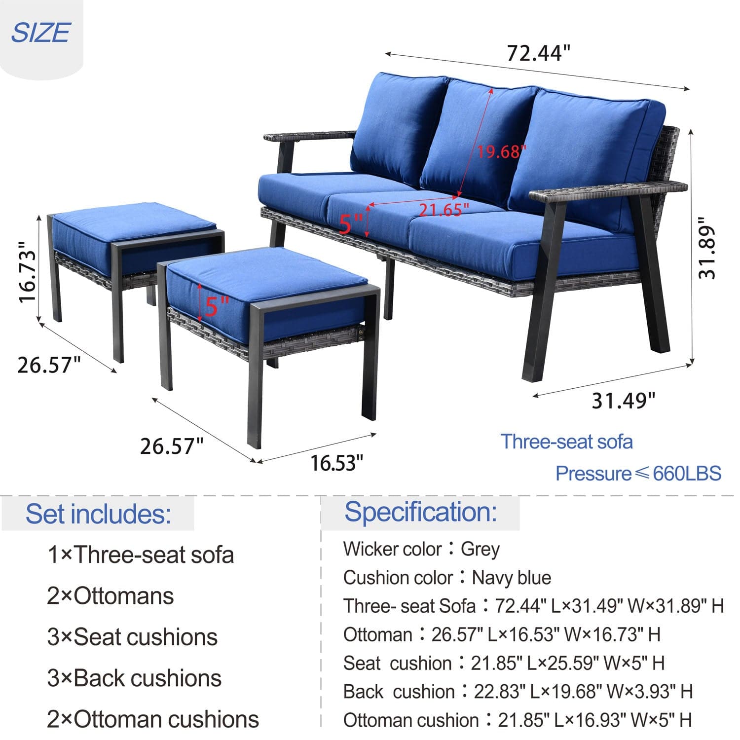 Ovios Bistro Set 3 Piece Couch with 2 Ottoman 5'' Cushion, Olefin Fabric