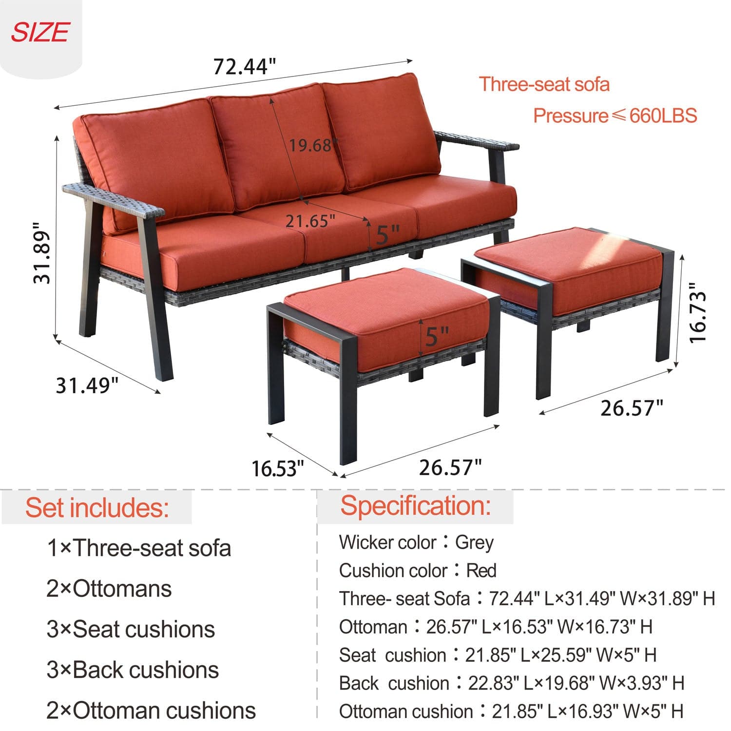 Ovios Bistro Set 3 Piece Couch with 2 Ottoman 5'' Cushion, Olefin Fabric