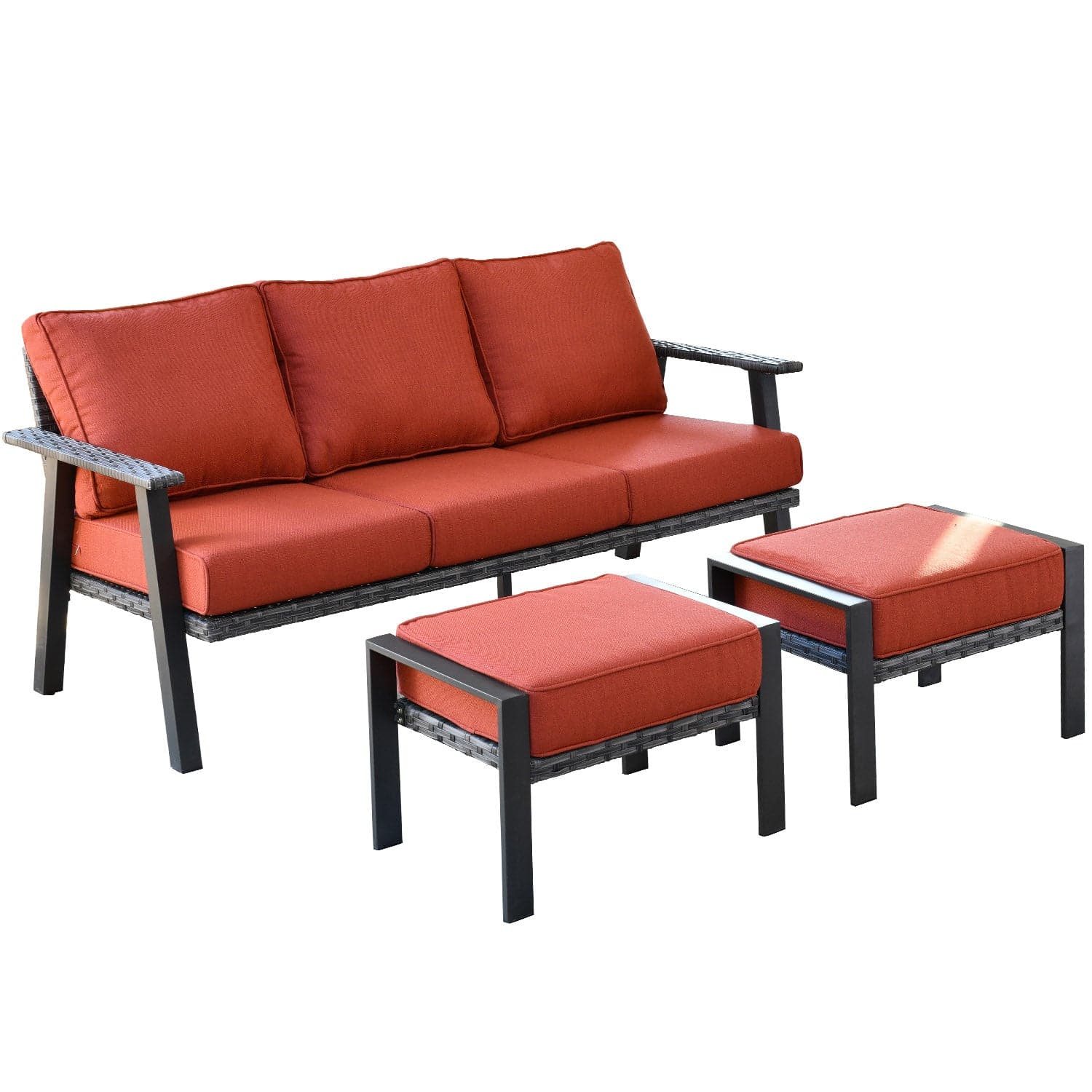 Ovios Bistro Set 3 Piece Couch with 2 Ottoman 5'' Cushion, Olefin Fabric