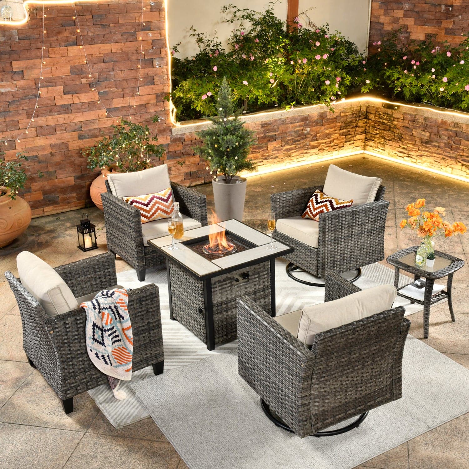 OVIOS Patio Vultros 6-Piece Conversation Set, 2 Swivel Chairs 2 Chairs with 30'' Propane Fire Pit Table