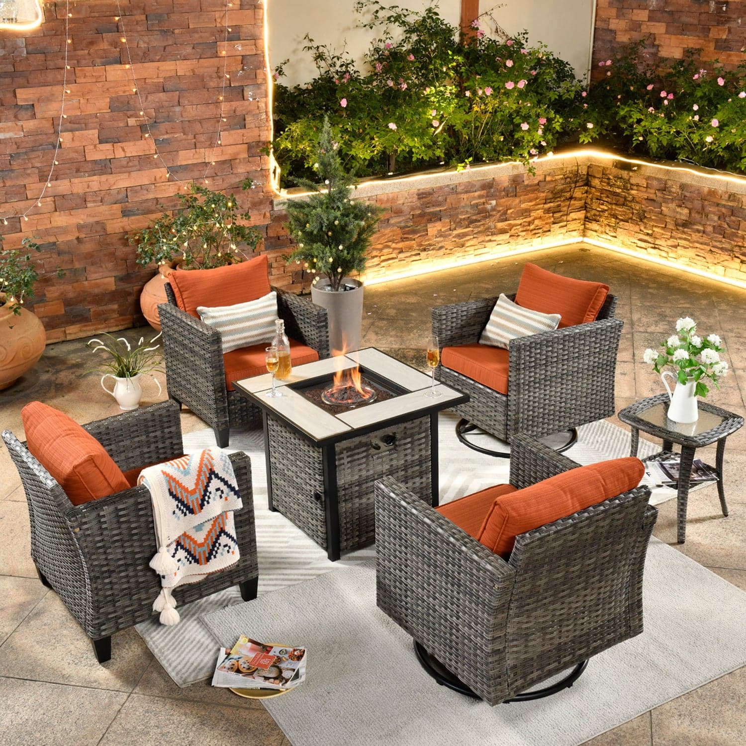 OVIOS Patio Vultros 6-Piece Conversation Set, 2 Swivel Chairs 2 Chairs with 30'' Propane Fire Pit Table