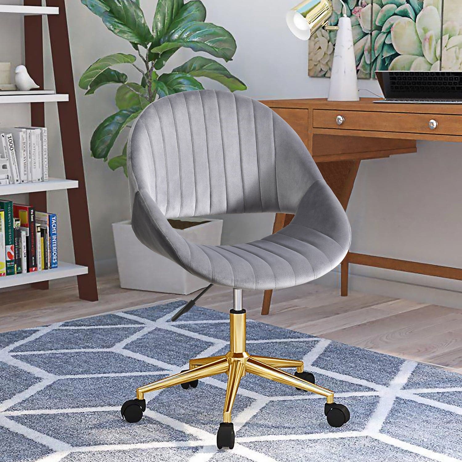 Ovios Cute Pink/Grey Cushion with Golden/Silver Base Desk Chair, Task Chair, Computer Desk Chair
