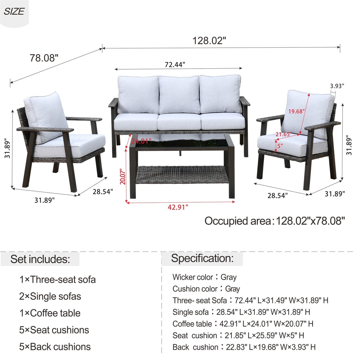 Ovios Patio Conversation Set 5 Person Seating with Table, 5'' Cushion, Olefin Fabric