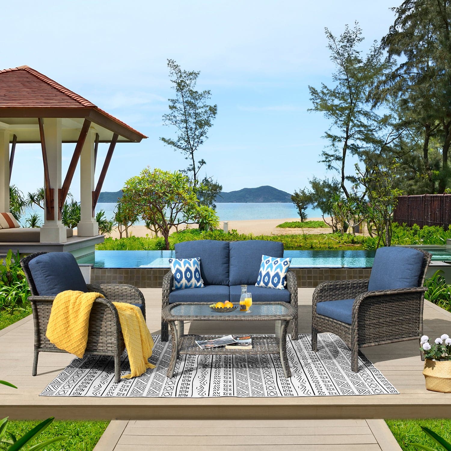 Ovios Outdoor Furniture 4-Piece High Back Grey Wicker with Cushion and Table