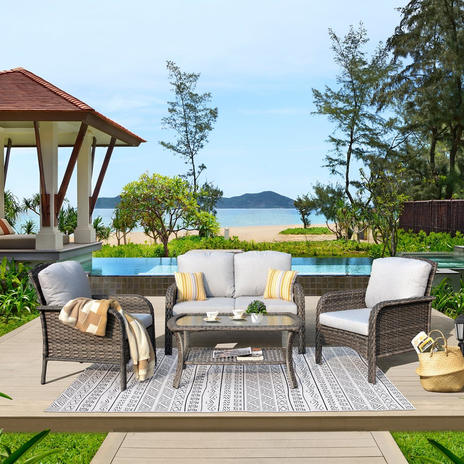 Ovios Outdoor Furniture 4-Piece High Back Grey Wicker with Cushion and Table