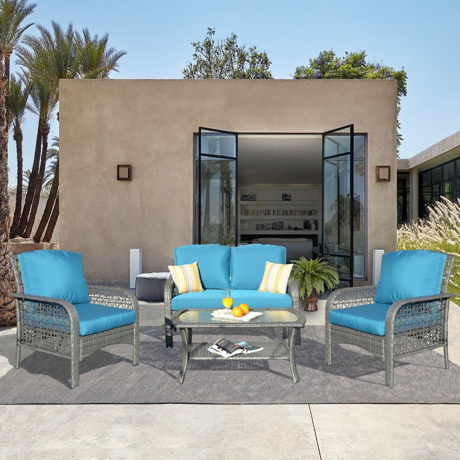 Ovios Patio Furniture Sets 4 Piece High Back Grey Wicker Blue Cushion