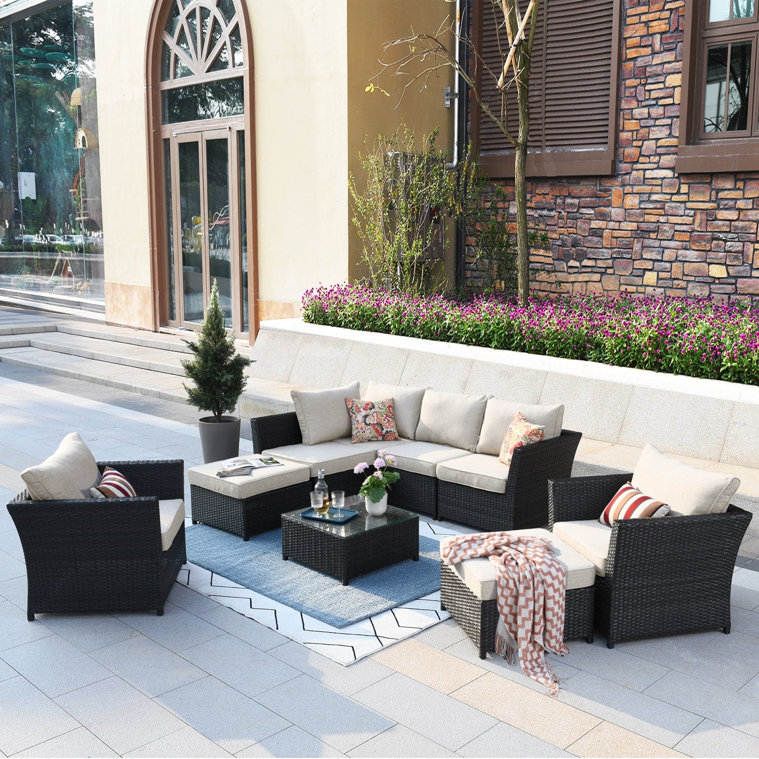 Ovios Patio Conversation Set Rimaru 9-Piece with 2 Chairs and 2 Pillows, No Assembly Required