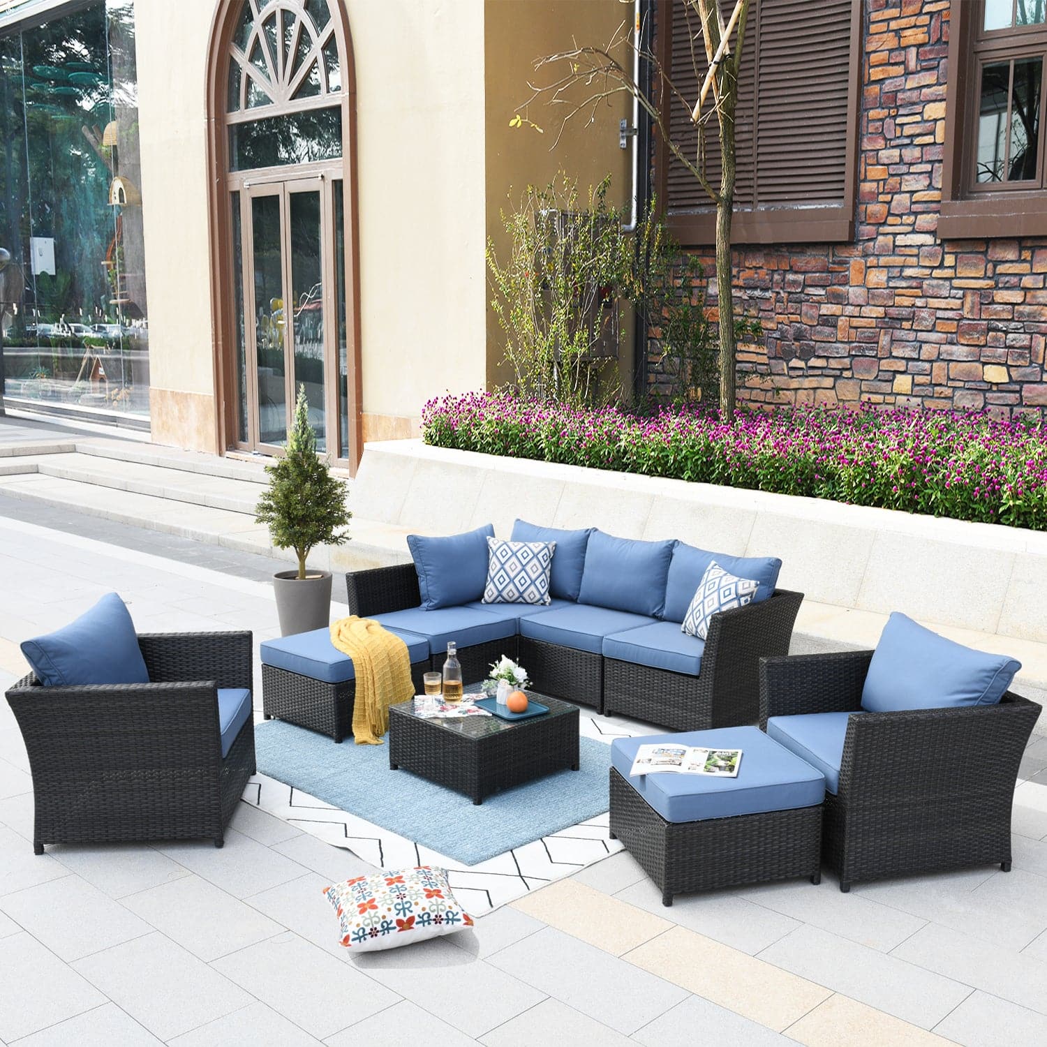 Ovios Patio Conversation Set Rimaru 9-Piece with 2 Chairs and 2 Pillows, No Assembly Required