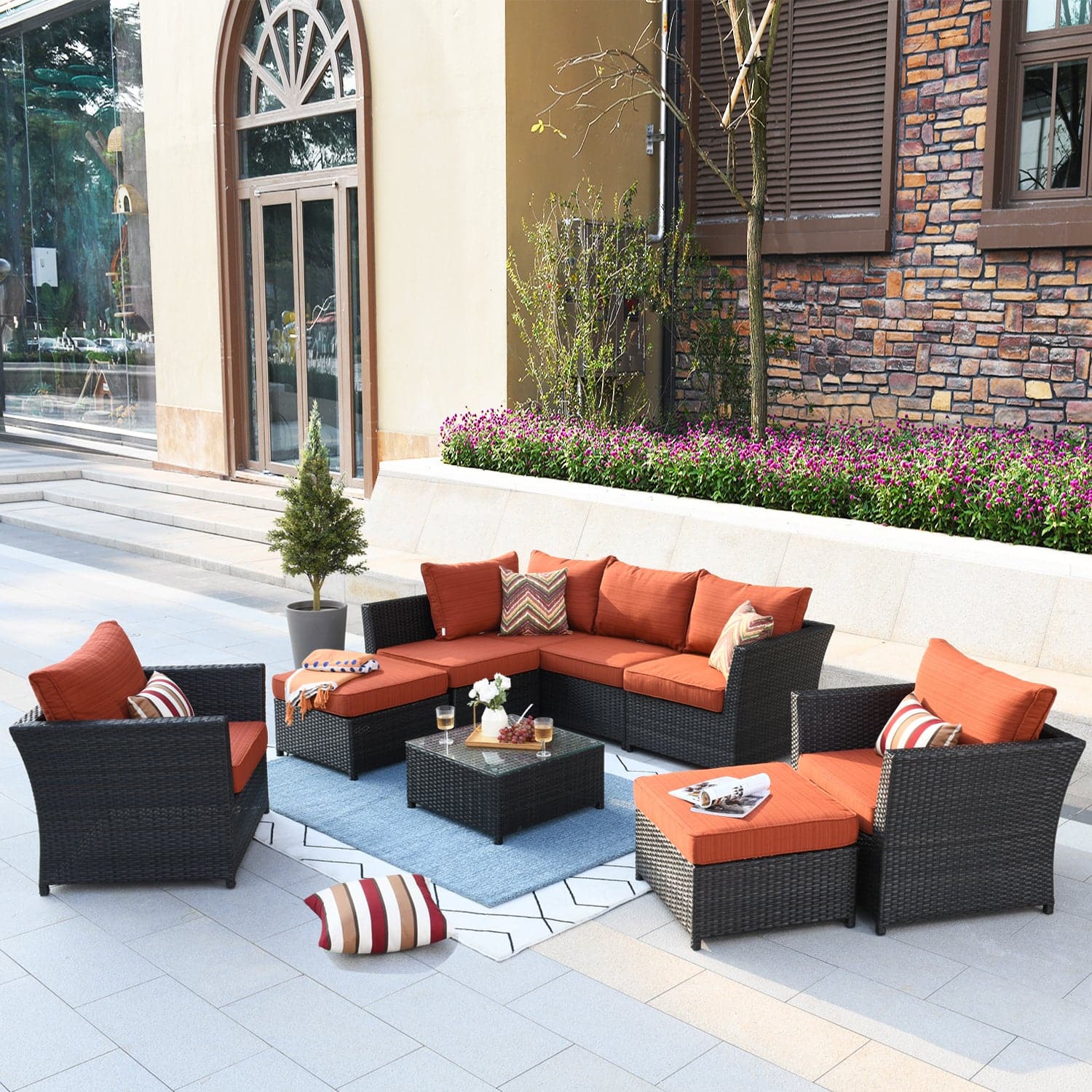 Ovios Patio Conversation Set Rimaru 9-Piece with 2 Chairs and 2 Pillows, No Assembly Required