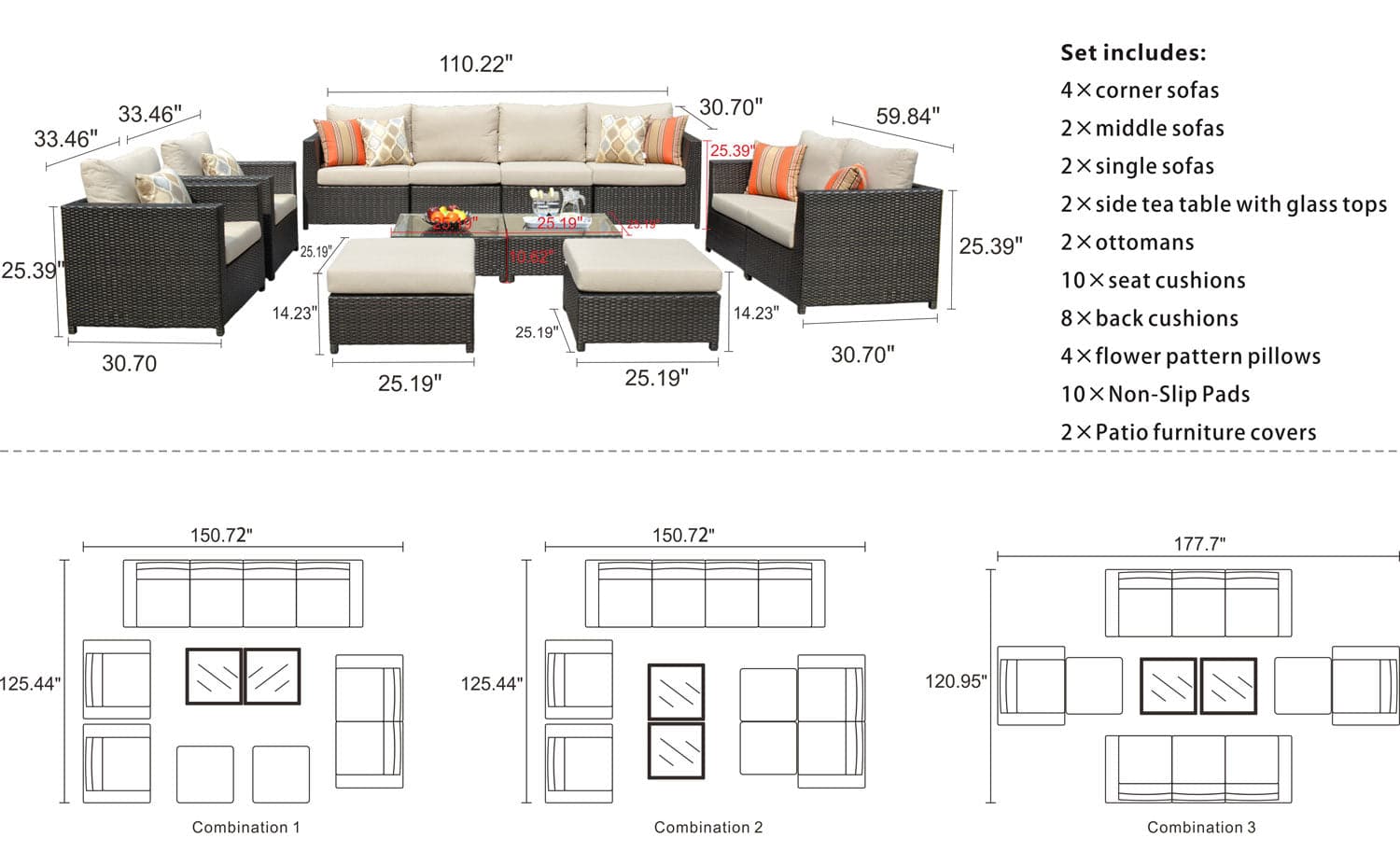 Ovios Patio Furniture Set Bigger Size Sunbrella 12-Piece, King Series, No Assembly Required, Couch is Separate