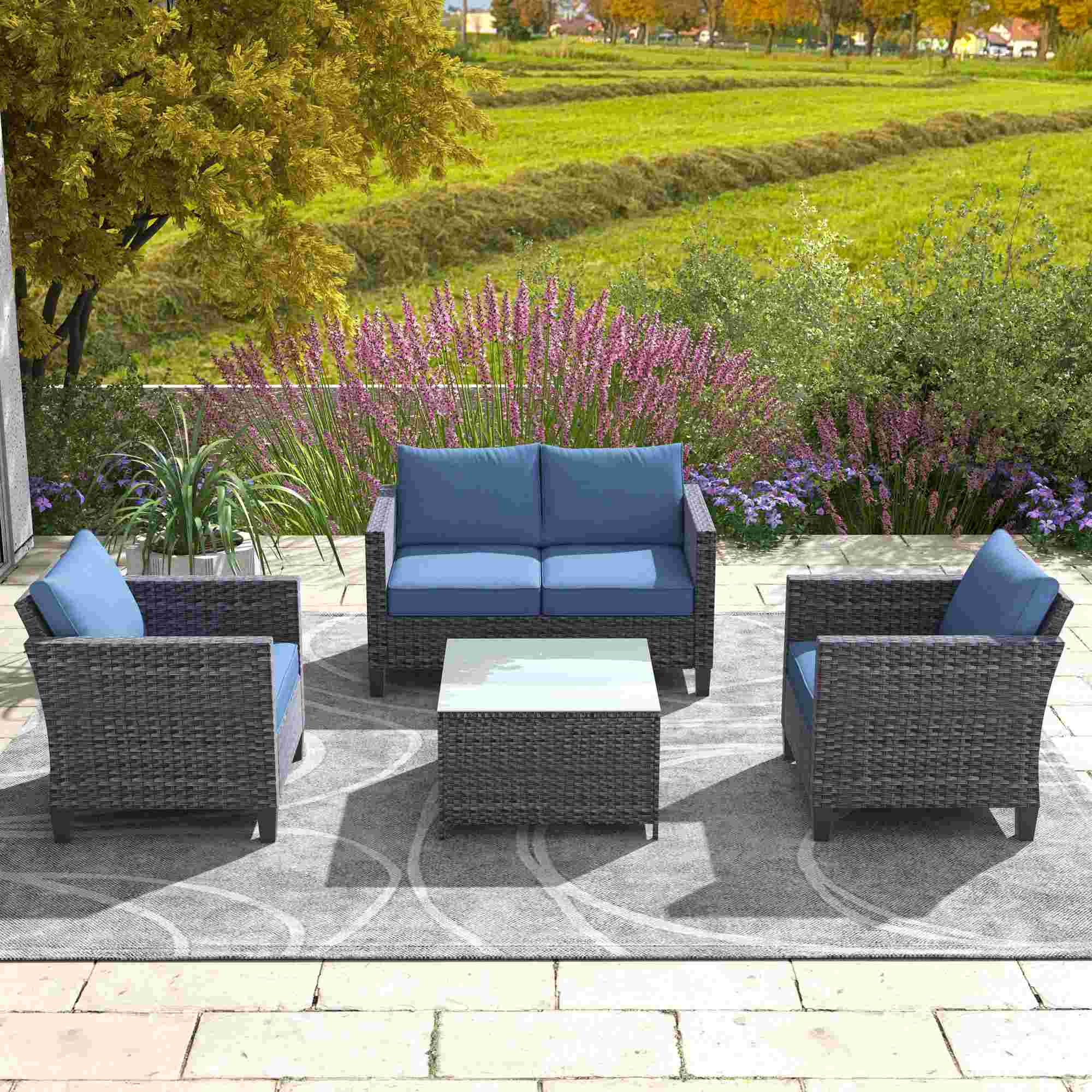 OVIOS Patio Furniture Set New Vultros 4 Piece High Back Sectional Sofa with Cushions