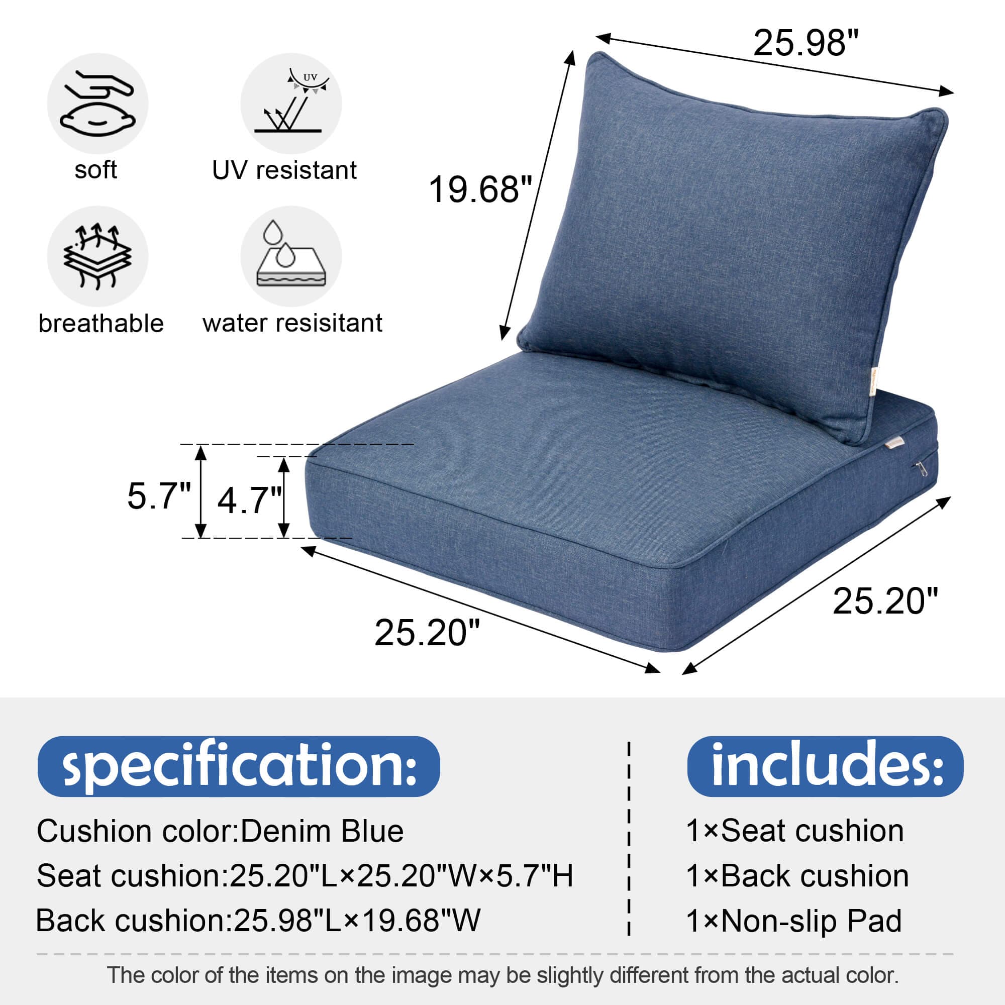 OVIOS Replacement Seat Back Cushions Set with Olefin Fabric and Zipper, 25'' x 25'', Not suitable for Ovios Patio Furniture