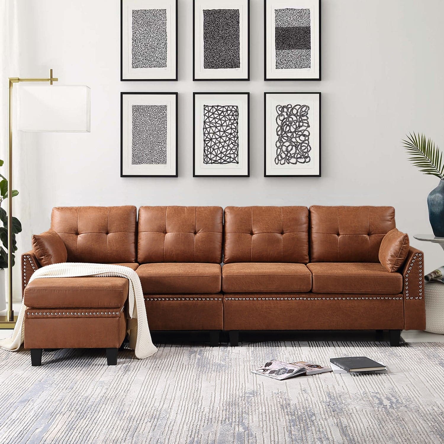 Ovios Living Room 98.42" Wide Flared Arm Suede Fabric or Leathair L Shaped Sofa with Ottoman-Light Brown