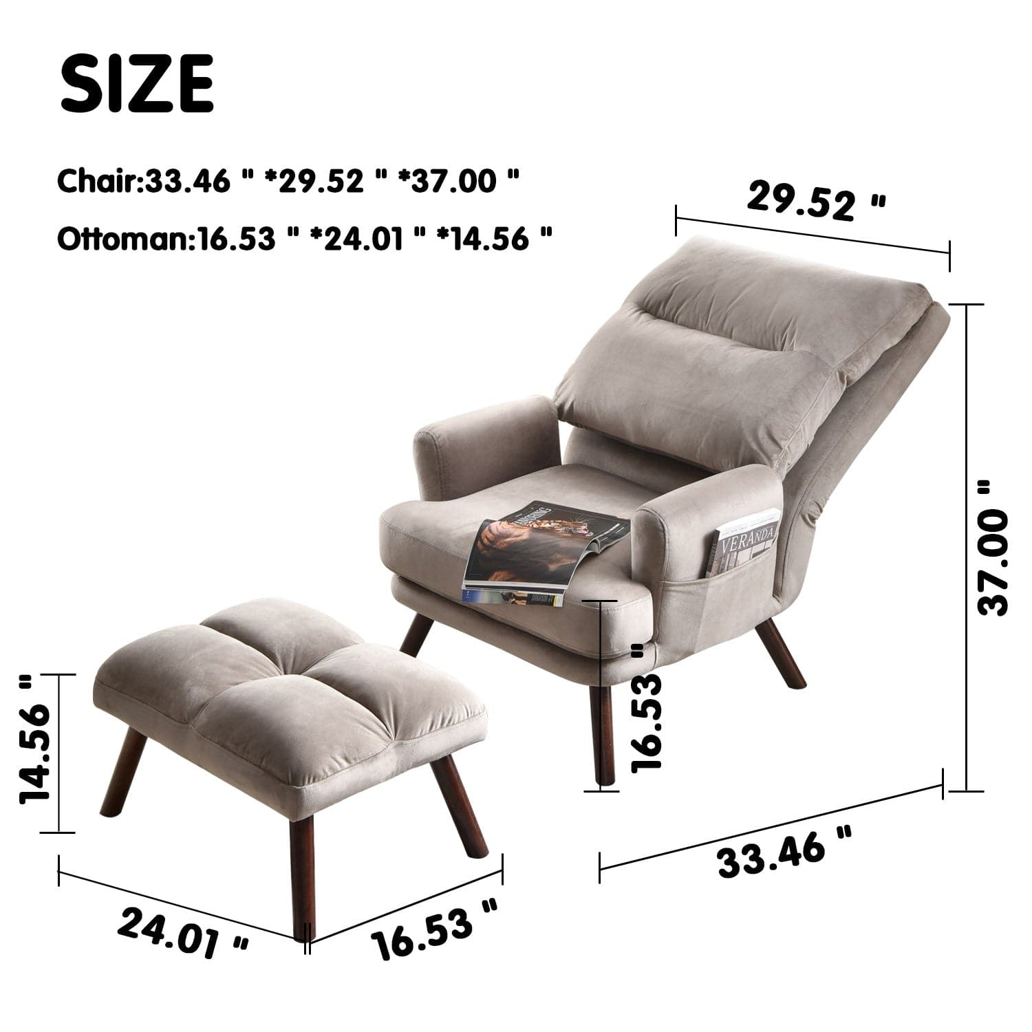 OVIOS Living Room Accent Chair with Ottoman, 6 Angles Adjustable