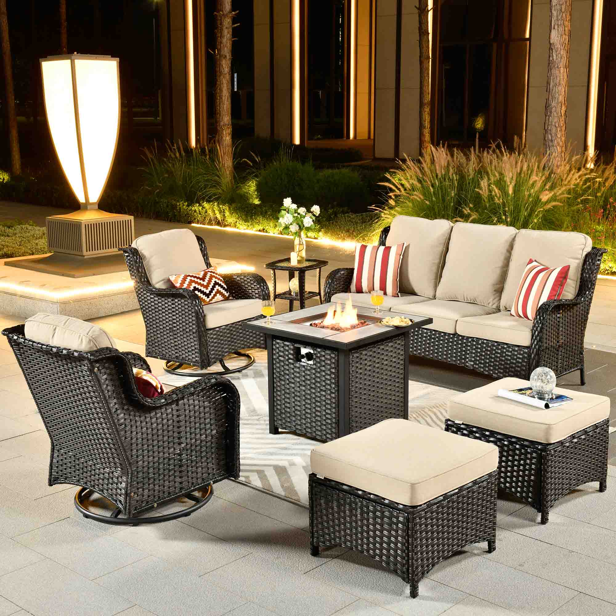 Ovios Outdoor Furniture 7-Piece with 30'' Fire Pit Table and Kenard 2 Rocking Chairs