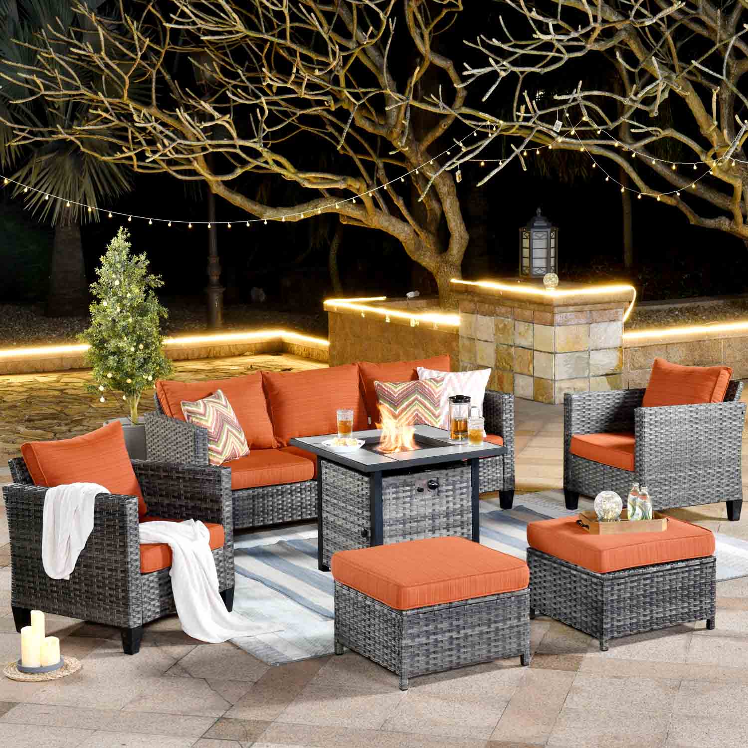 OVIOS Patio Conversation Set 6-Piece with 30'' Fire Pit Table and Vultros Set