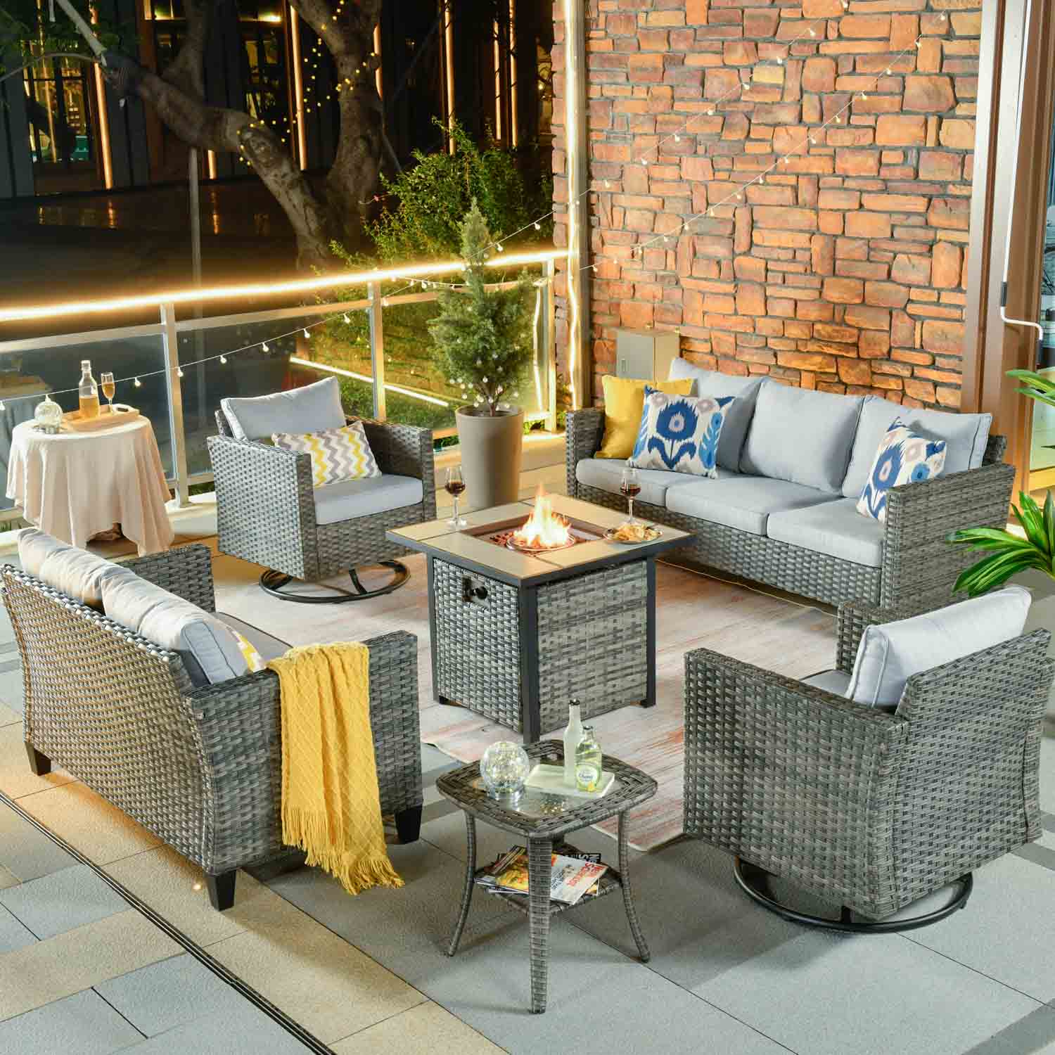 OVIOS Patio Vultros 6-Piece Set With Swivel Chair Lover seat and 30'' Propane Fire Pit Table