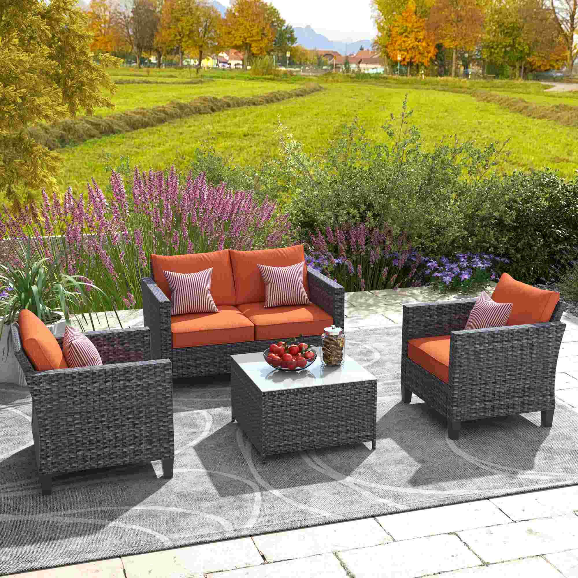 OVIOS Patio Furniture Set New Vultros 4 Piece High Back Sectional Sofa with Cushions