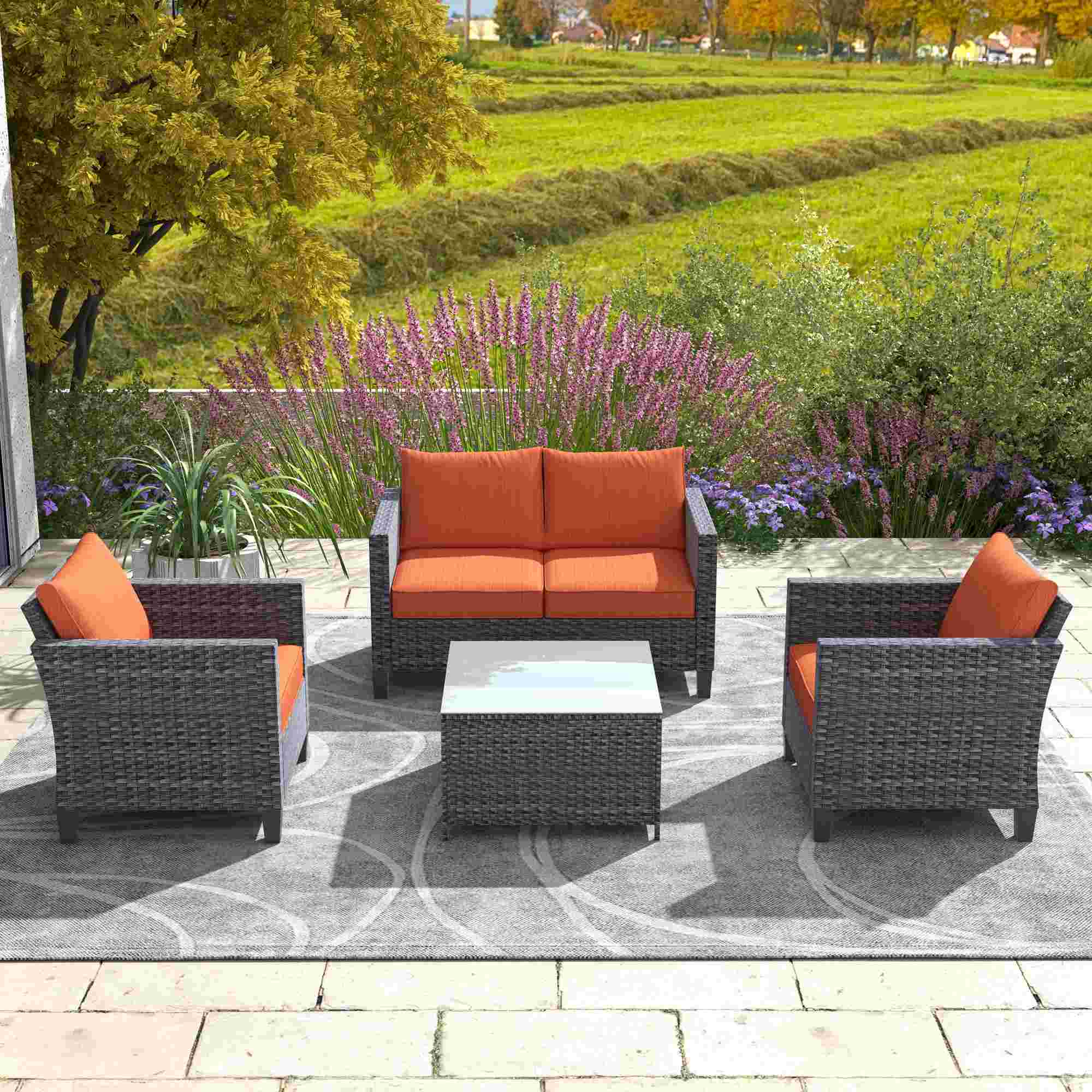 OVIOS Patio Furniture Set New Vultros 4 Piece High Back Sectional Sofa with Cushions