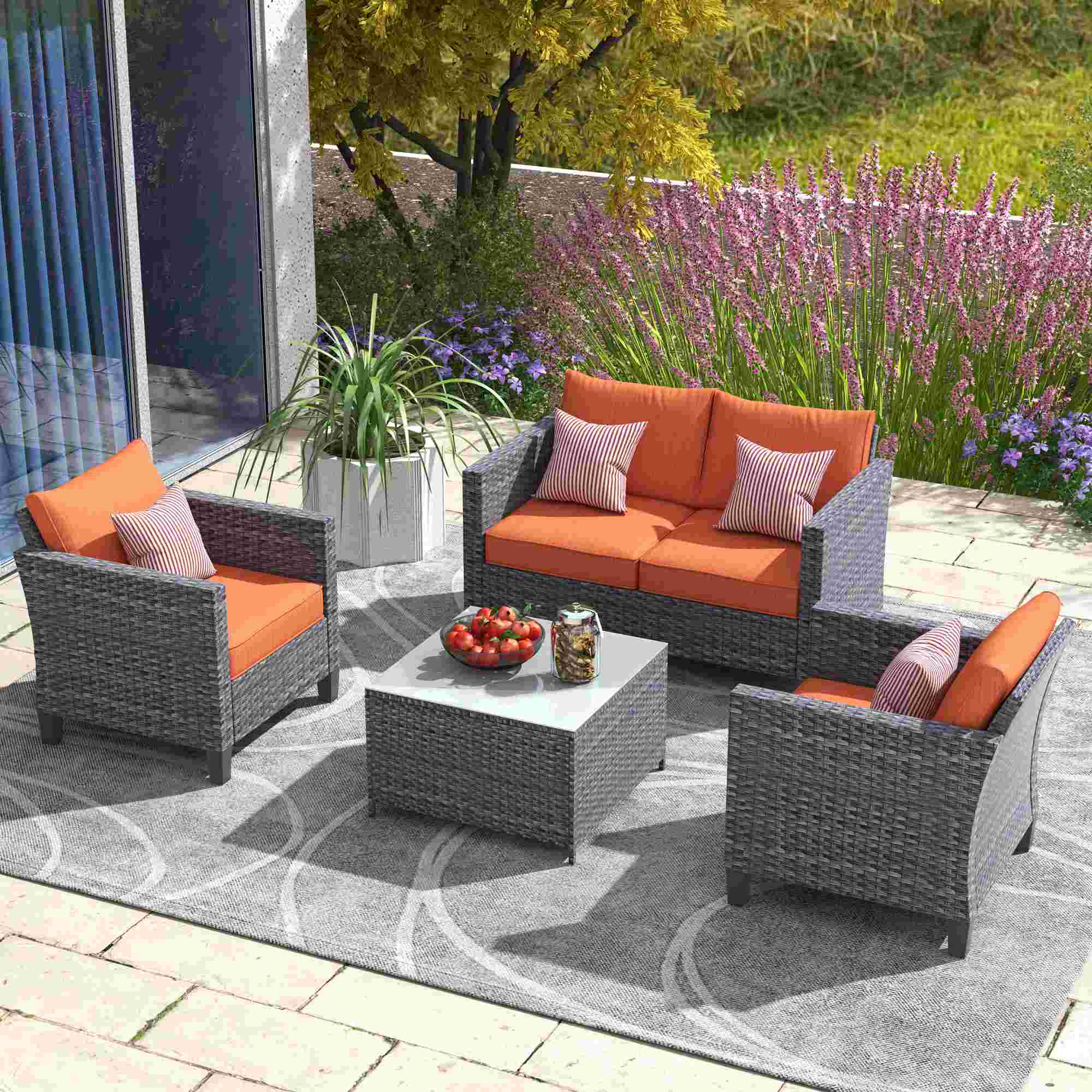 OVIOS Patio Furniture Set New Vultros 4 Piece High Back Sectional Sofa with Cushions