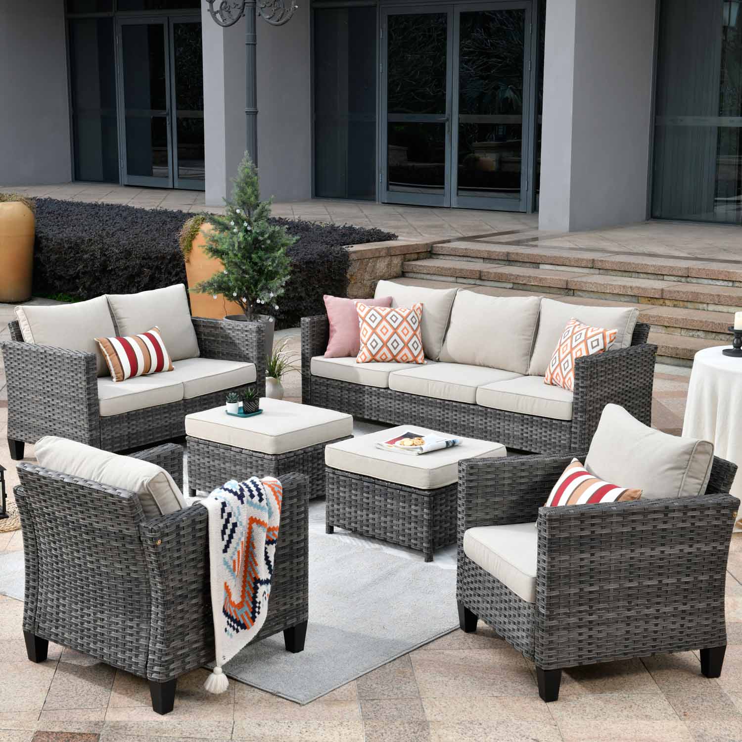 OVIOS Patio Furniture Set New Vultros 7-Person High Back Sectional Sofa with Cushions