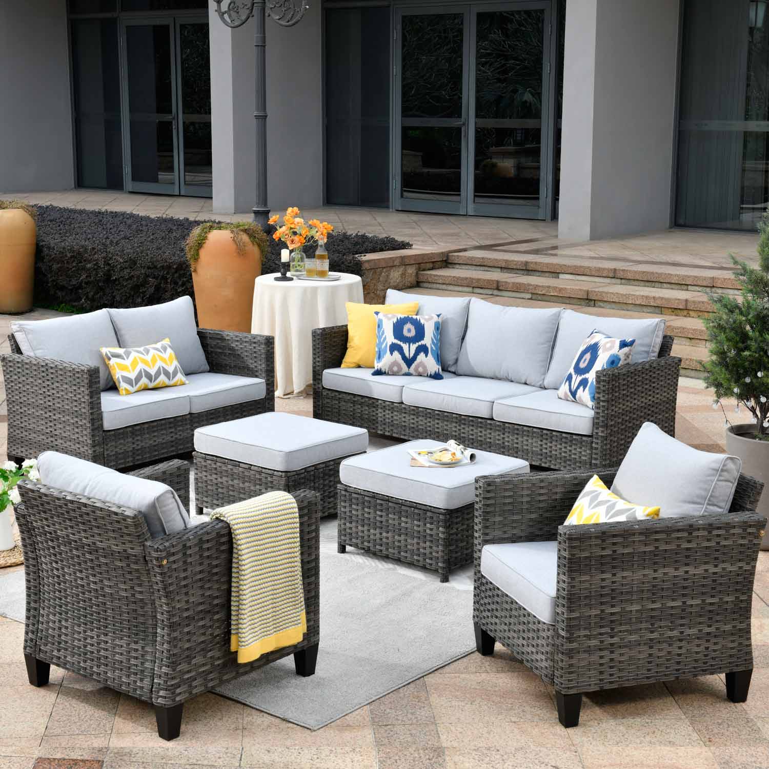 OVIOS Patio Furniture Set New Vultros 7-Person High Back Sectional Sofa with Cushions