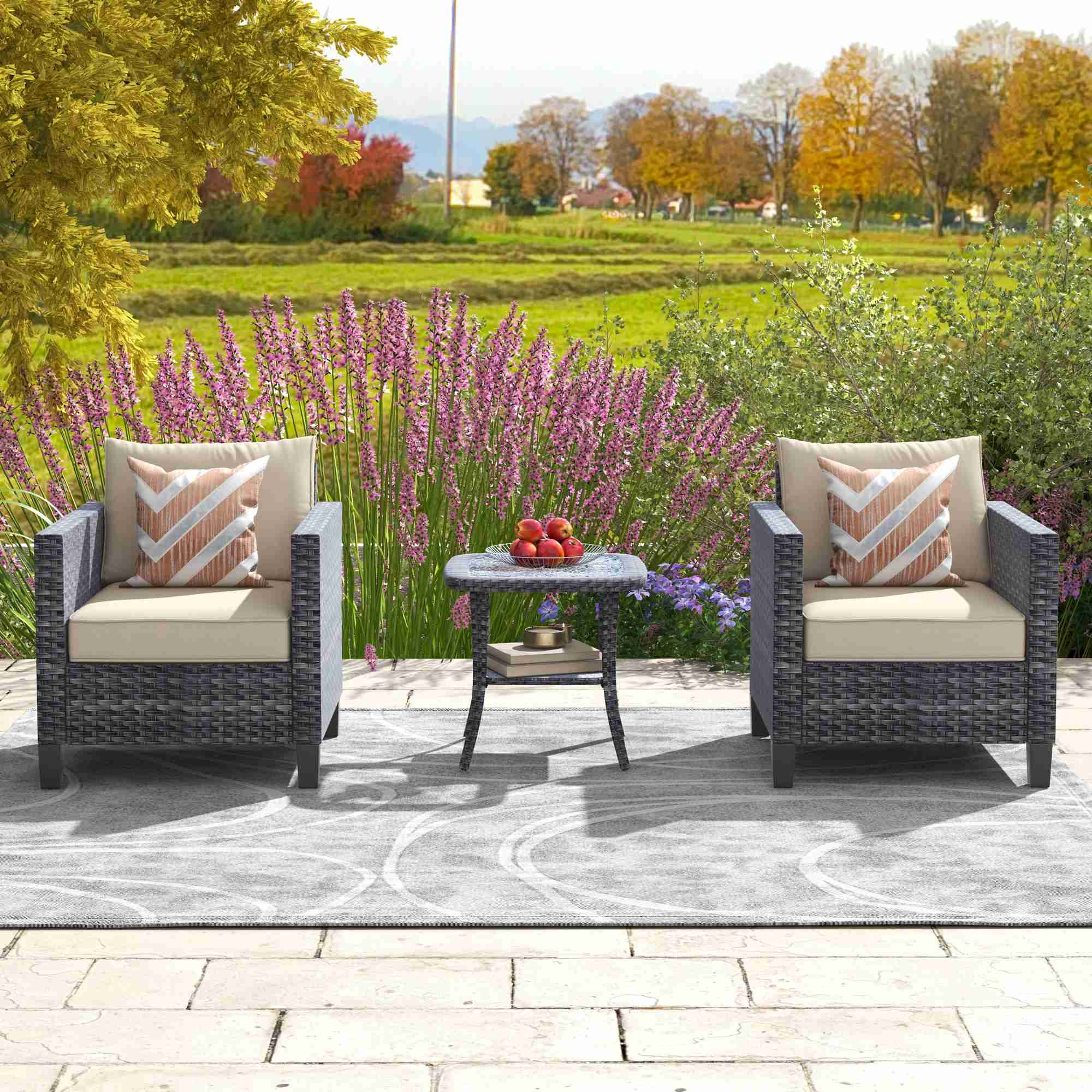 OVIOS Patio Chairs New Vultros 3-Piece with Table High Back Square Shape Armrest