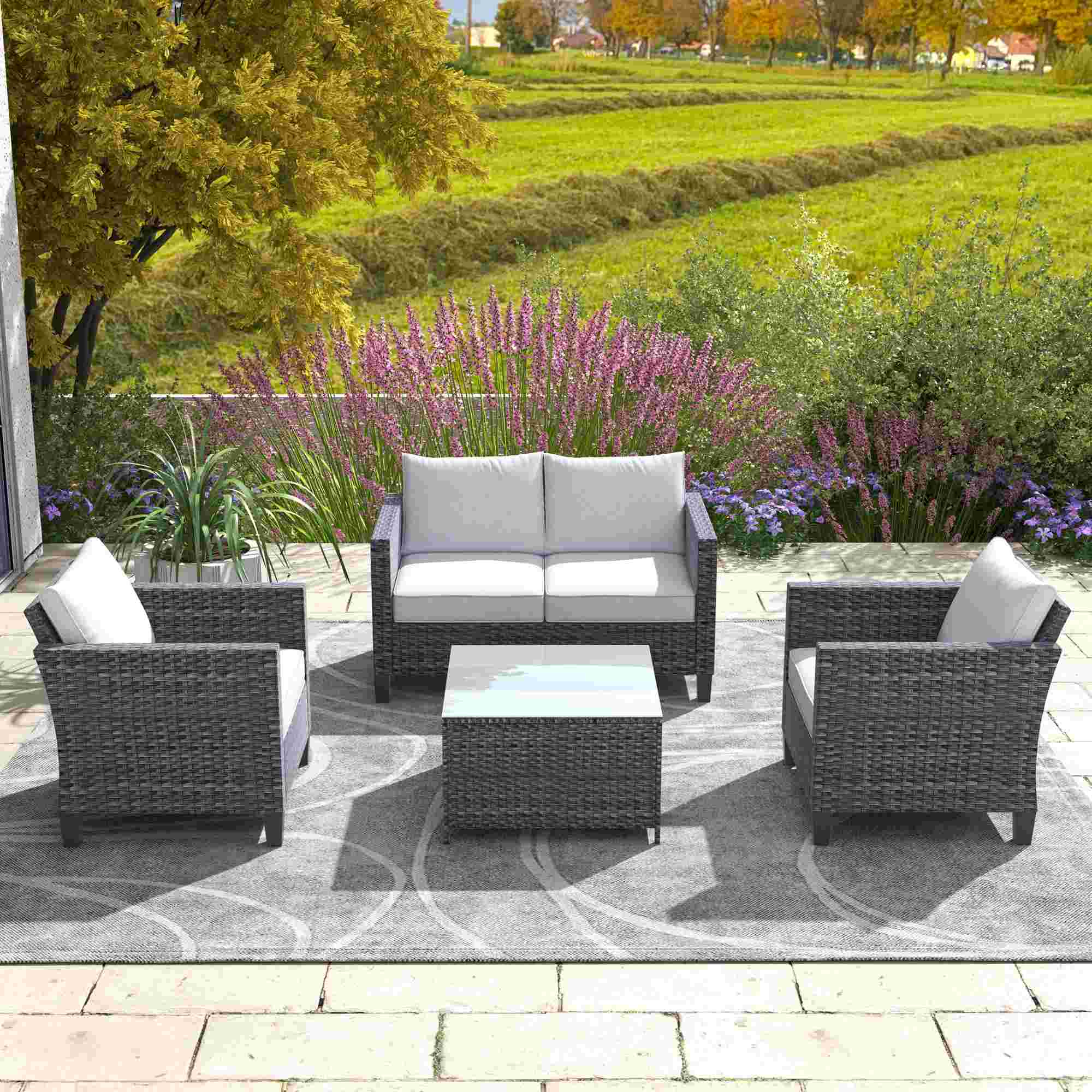 OVIOS Patio Furniture Set New Vultros 4 Piece High Back Sectional Sofa with Cushions