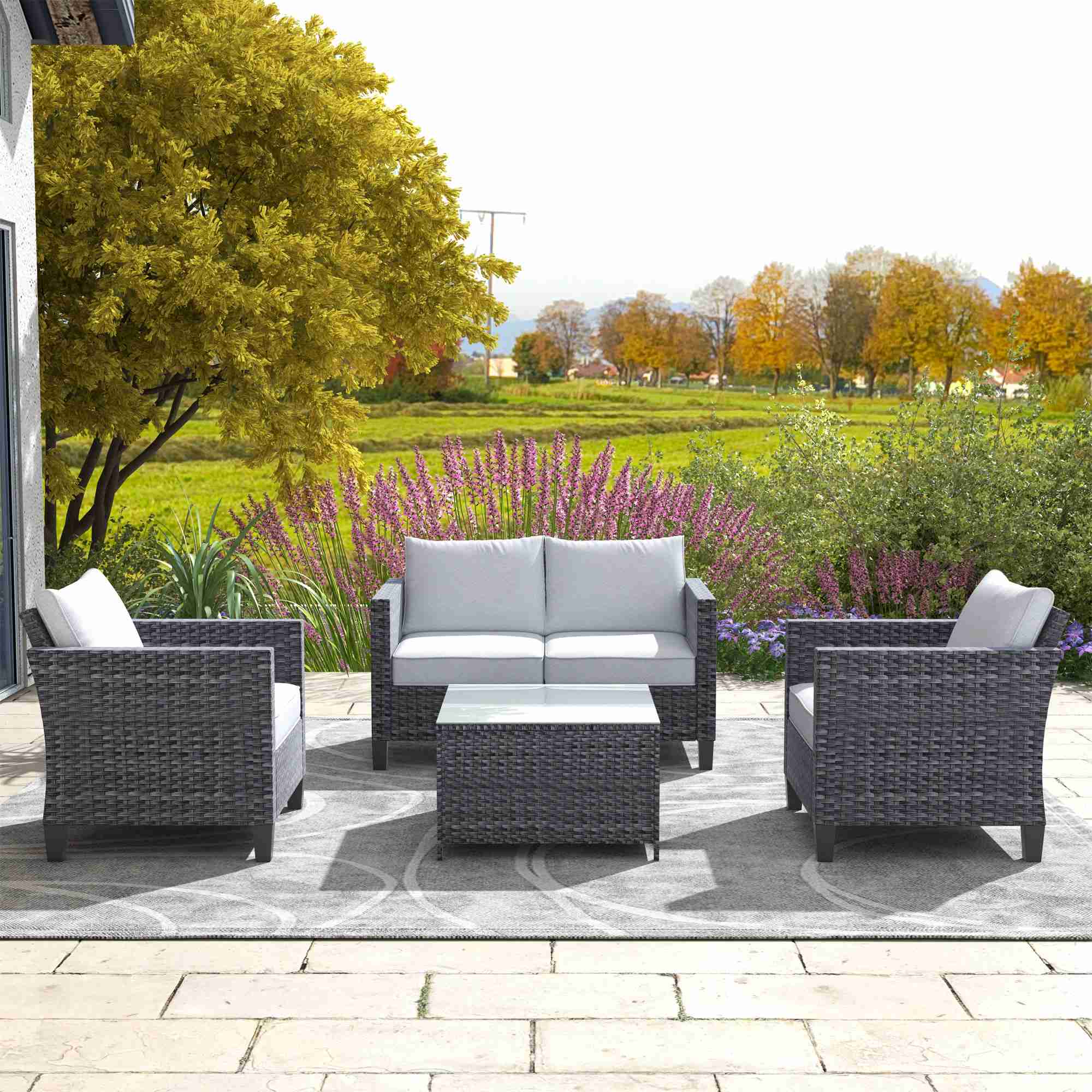 OVIOS Patio Furniture Set New Vultros 4 Piece High Back Sectional Sofa with Cushions