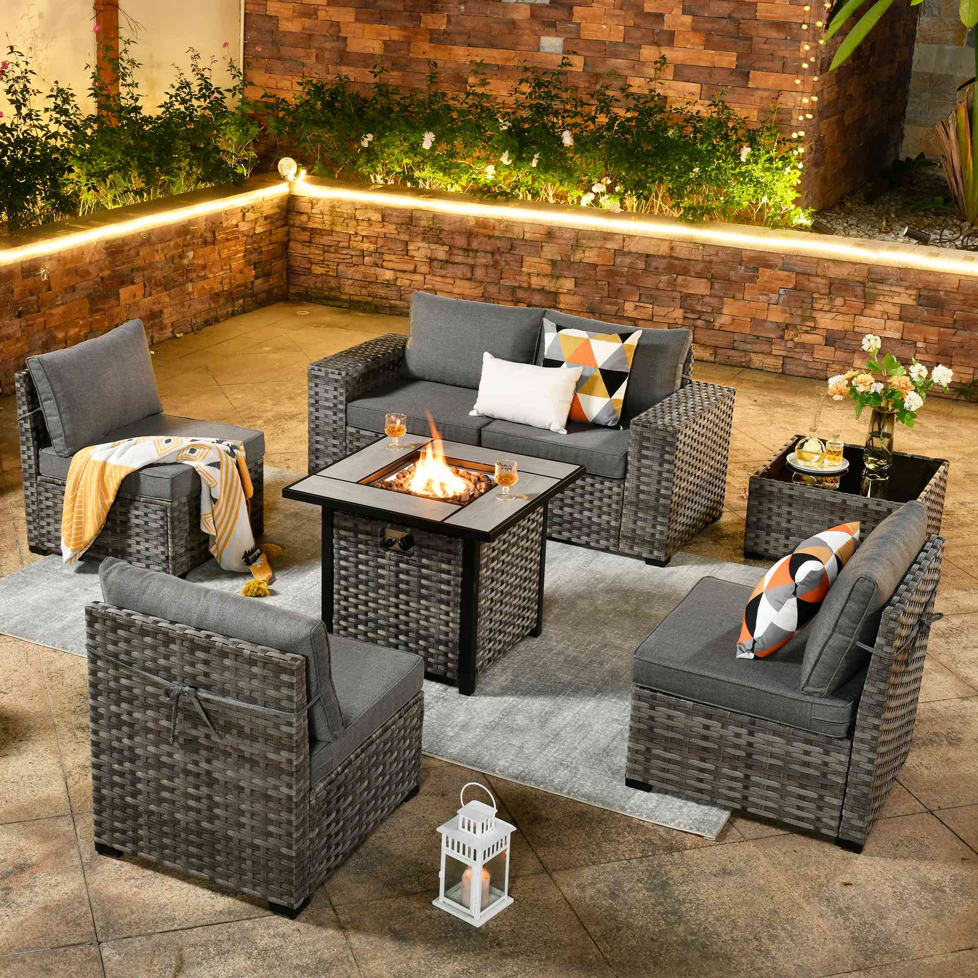 OVIOS 7 Pieces Patio Furniture Set with 7.68'' Broad Handrails and 30'' Fire Pit Table